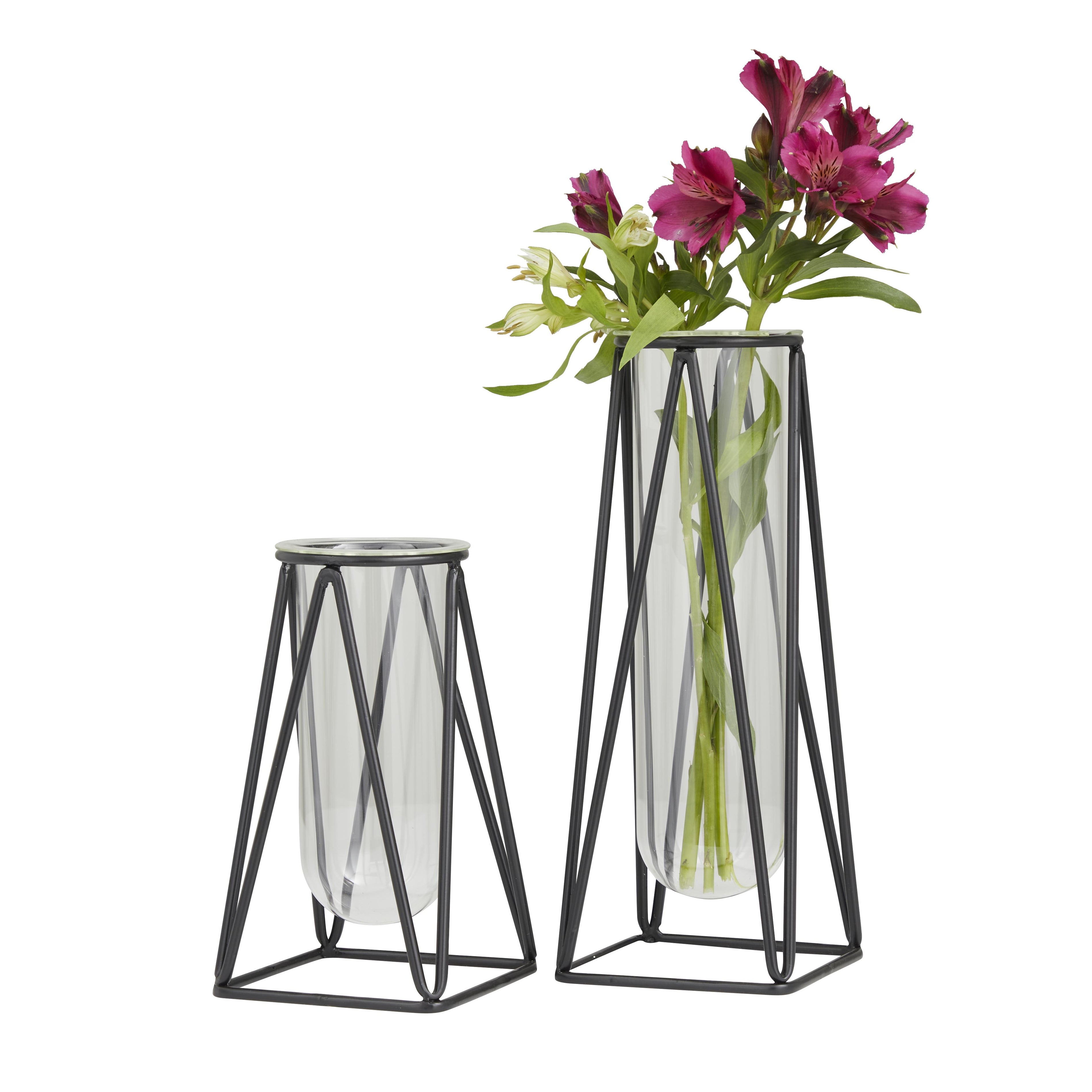 Set of 2 Geometric Glass Tube Decorative Vase with Metal Stand