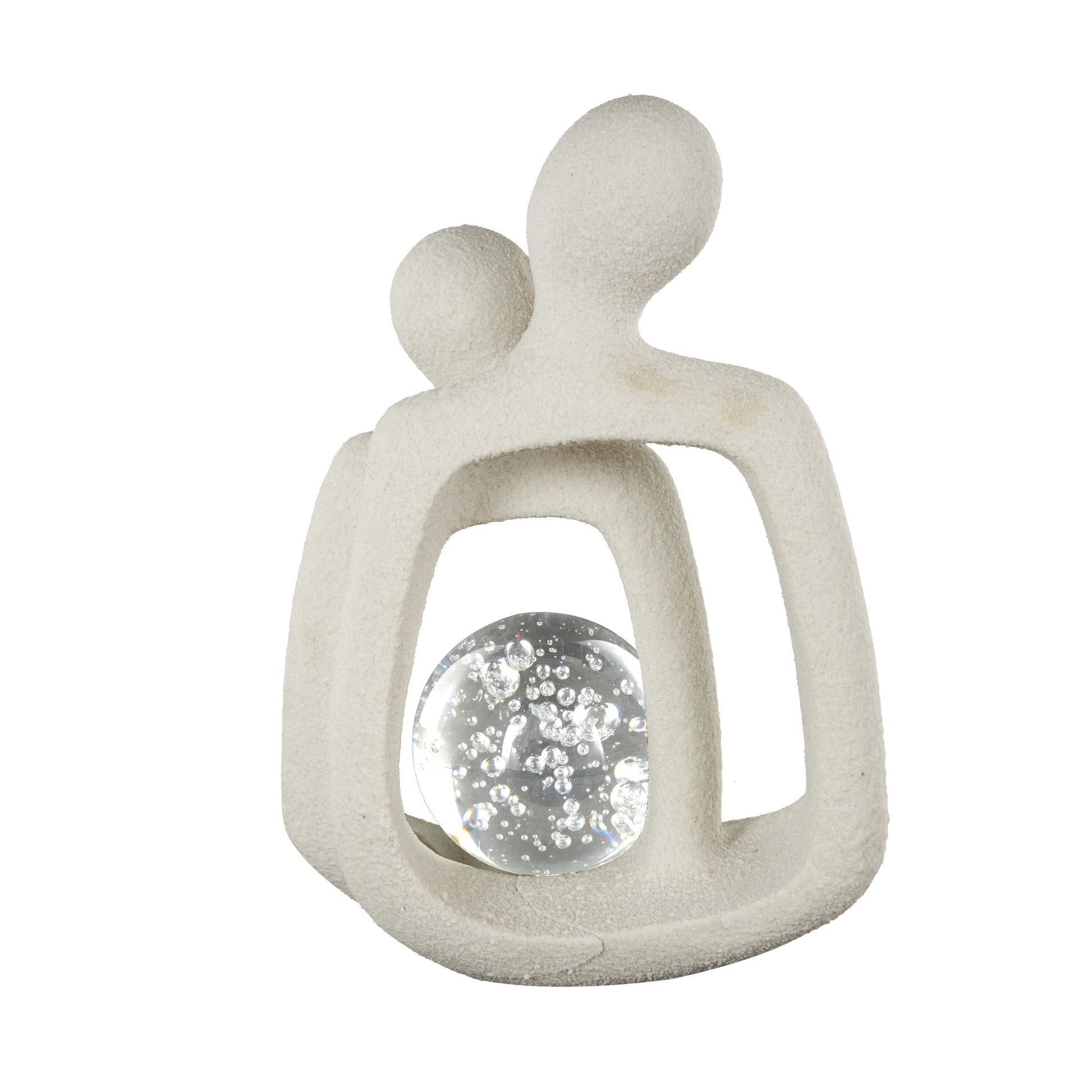 People White Polystone Abstract Textured Decorative Sculpture with Clear Glass Orb and Black Speckles