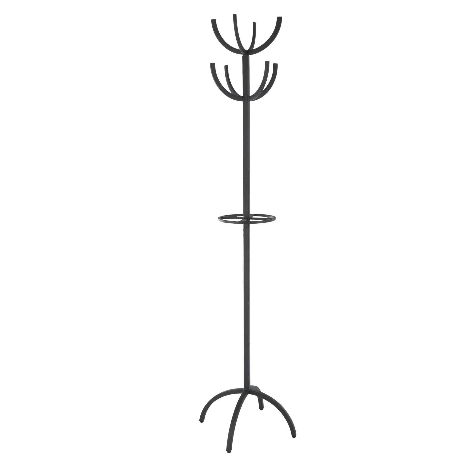 Black Metal 8 Hook Freestanding Coat Rack with Ached Legs and Circular Center Storage