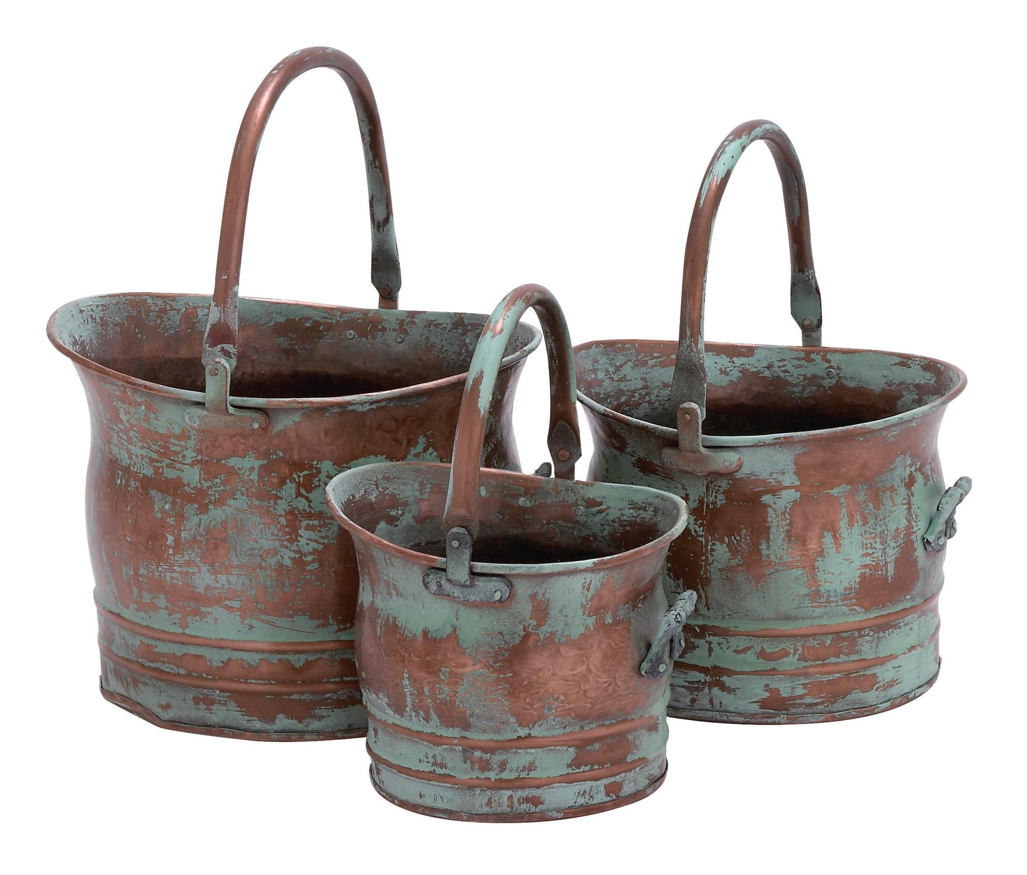 Set of 3 Copper Metal Patina Tulip Style Bucket Indoor Outdoor Planter with Stationary Handles