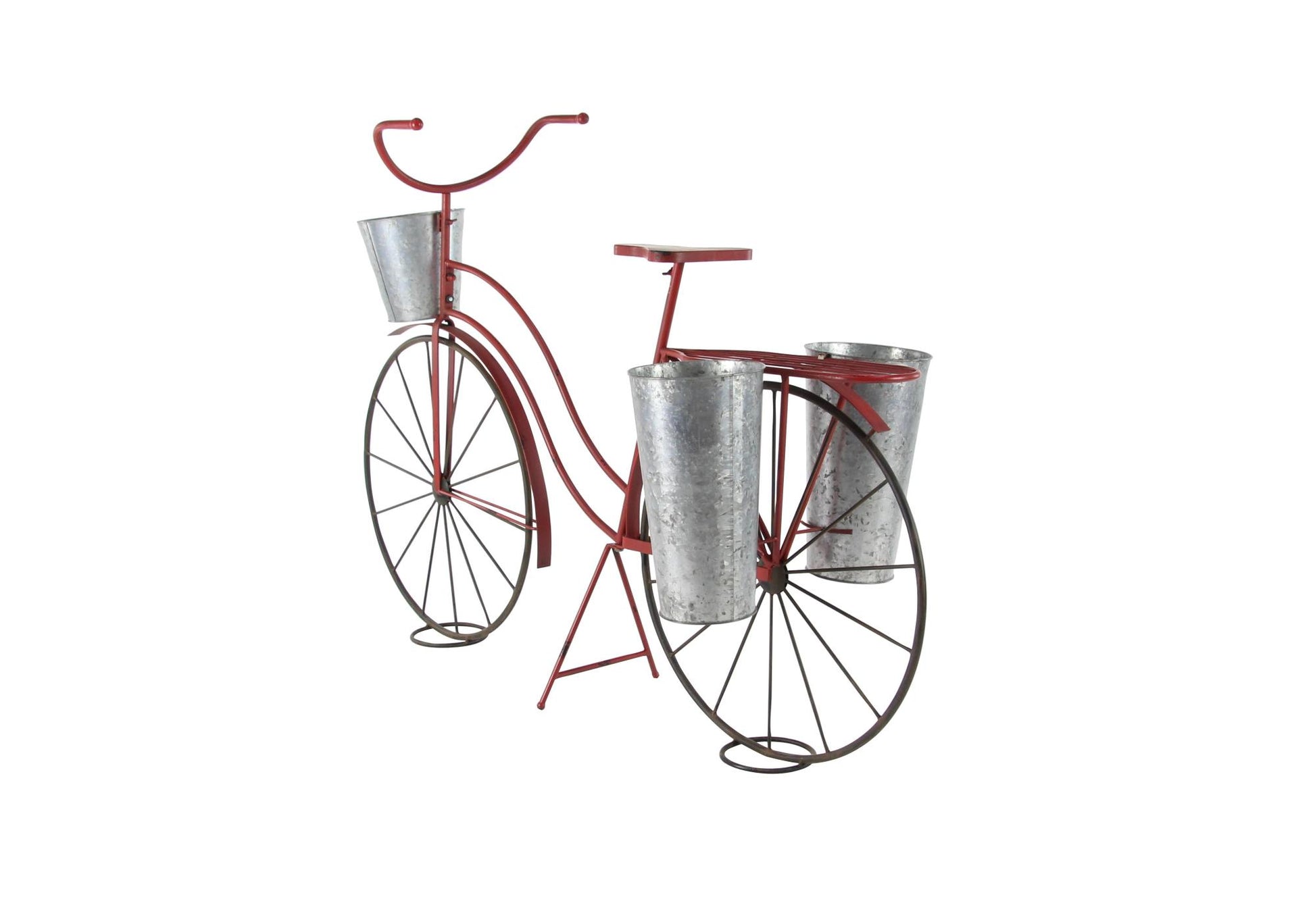 Bike Red Metal Indoor Outdoor Plantstand with Silver Basket and Saddle Bag Planters