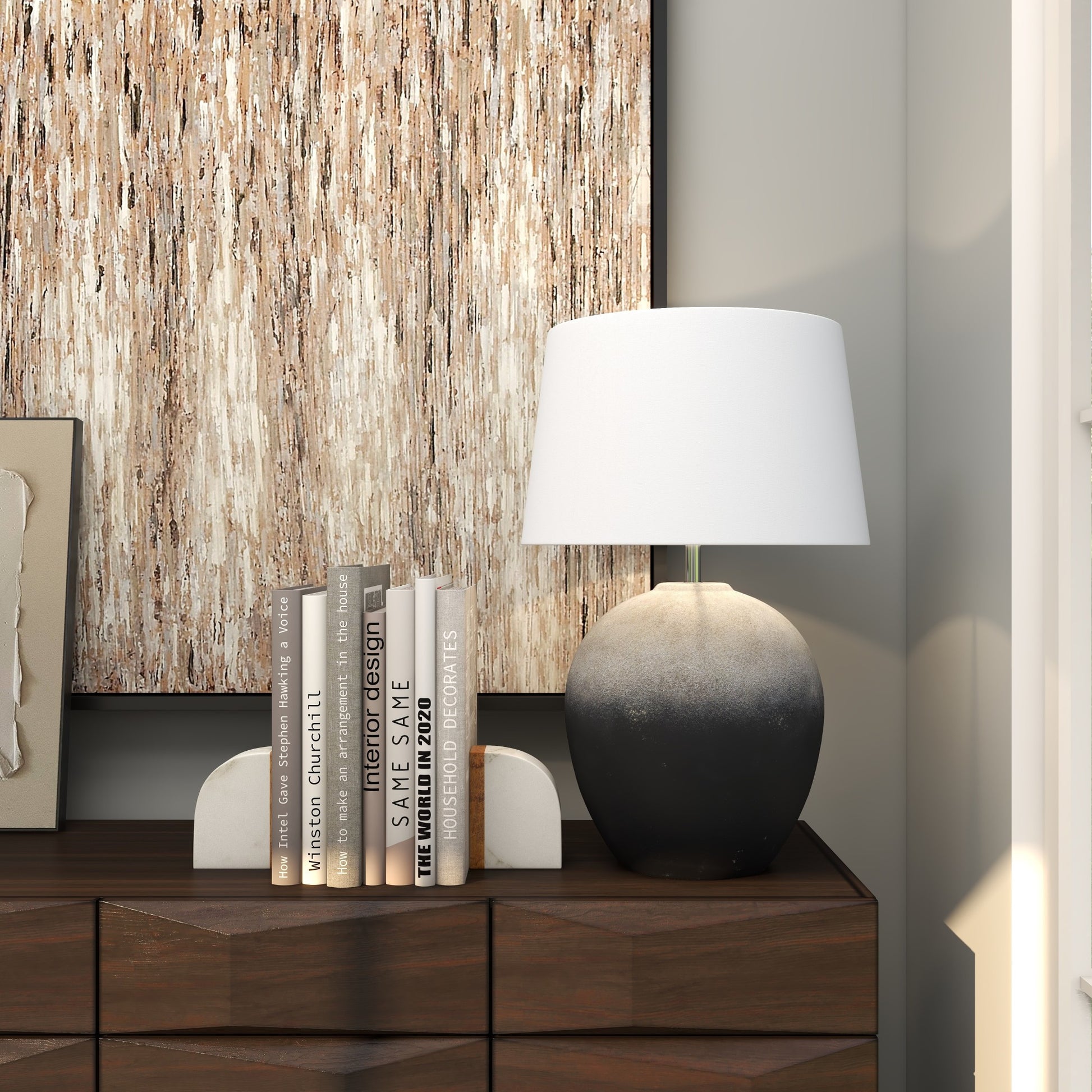 Black Ceramic Wide Rounded Textured Ombre Room Table Lamp with White Linen Shade