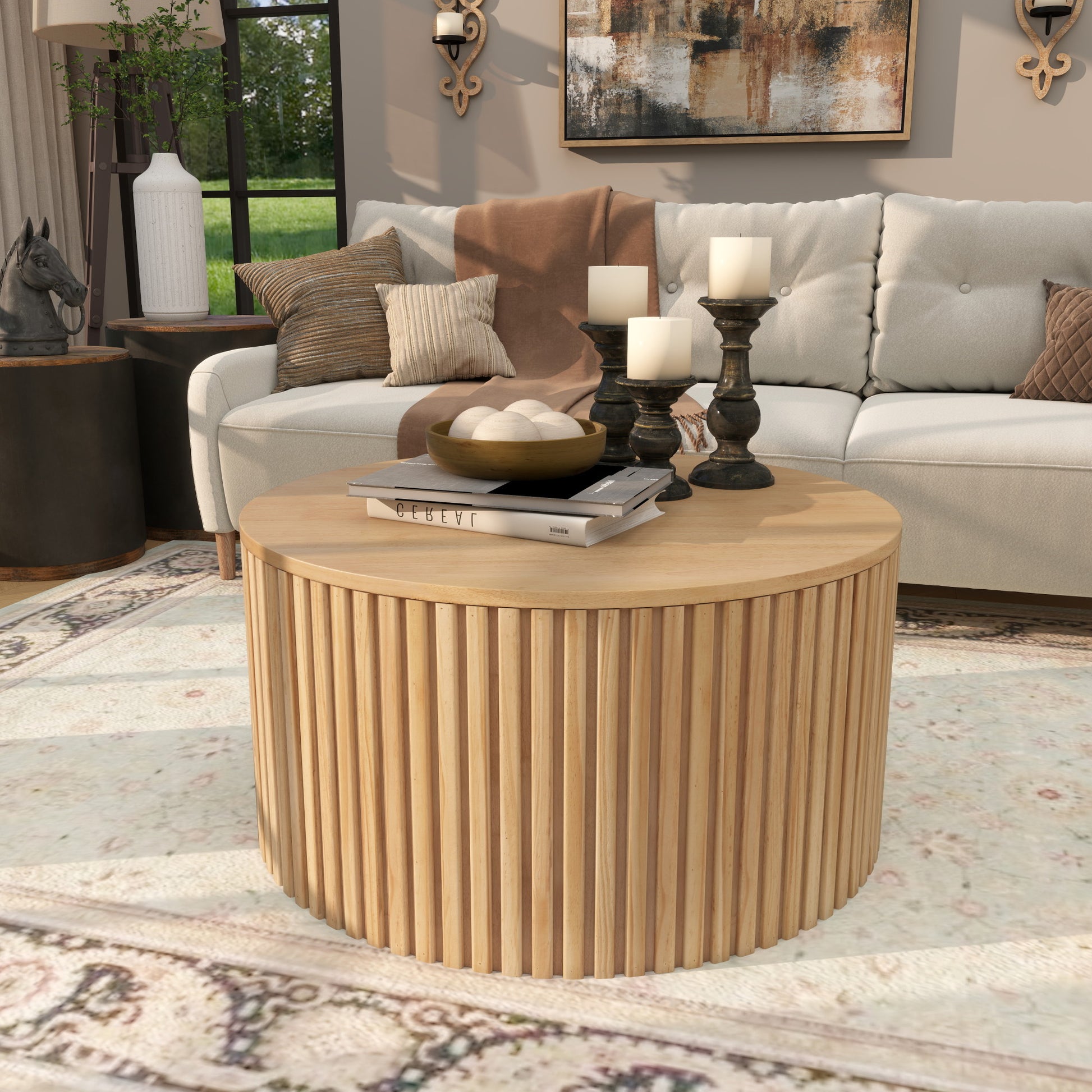 Wood Handmade Ribbed Living Room Coffee Table with Slatted Base