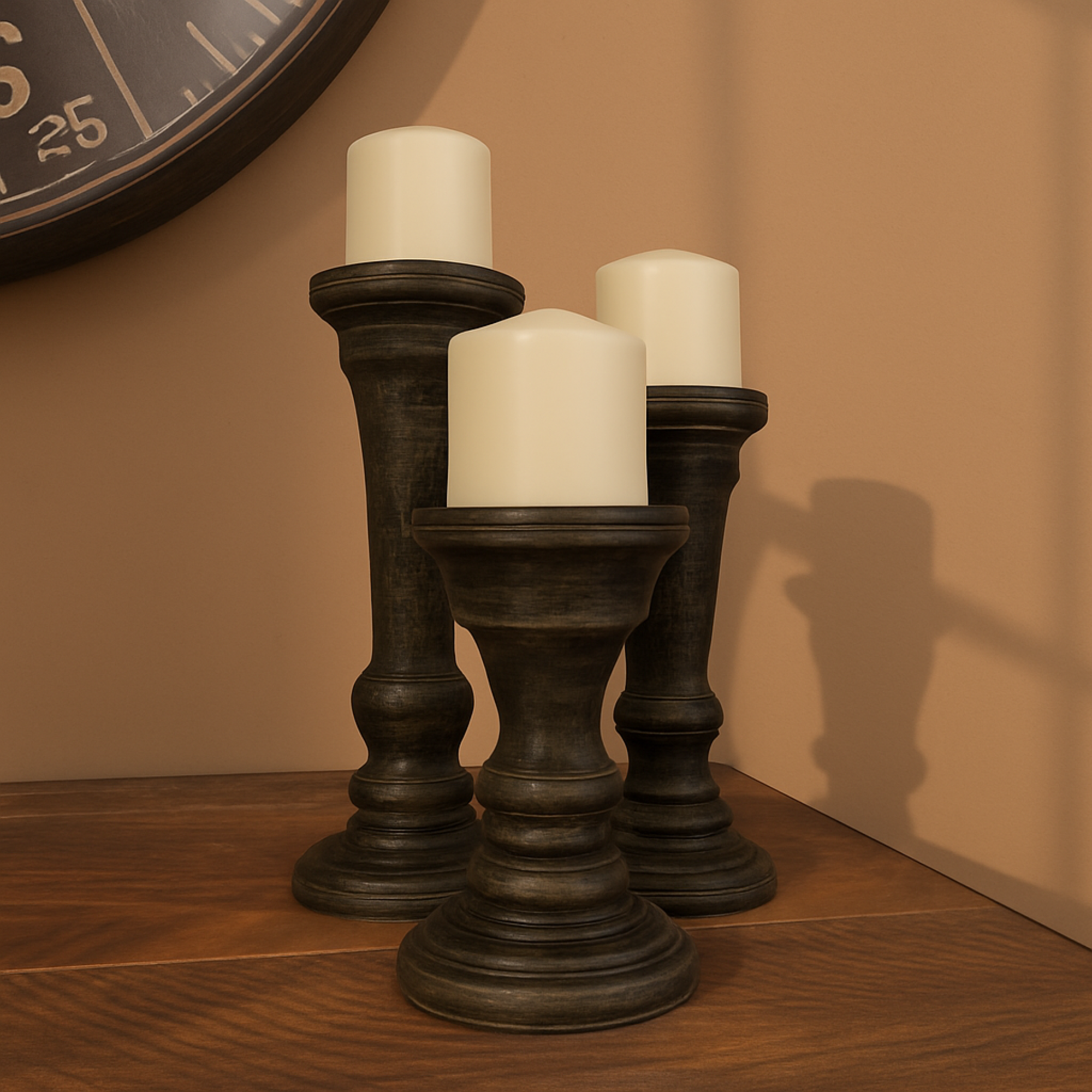Set of 3 Black Mango Wood Whitewashed Turned Decorative Candle Holder