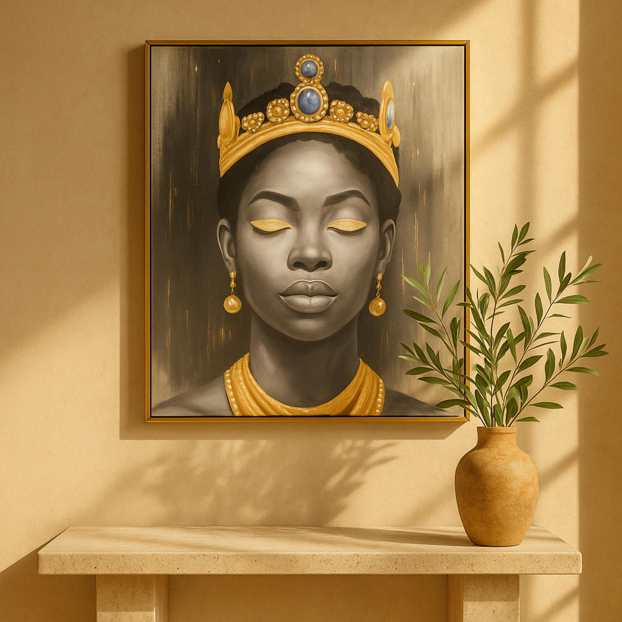 Woman Black Canvas Shaded Living Room Framed Wall Art with Blue Crown and Gold Foil Accents