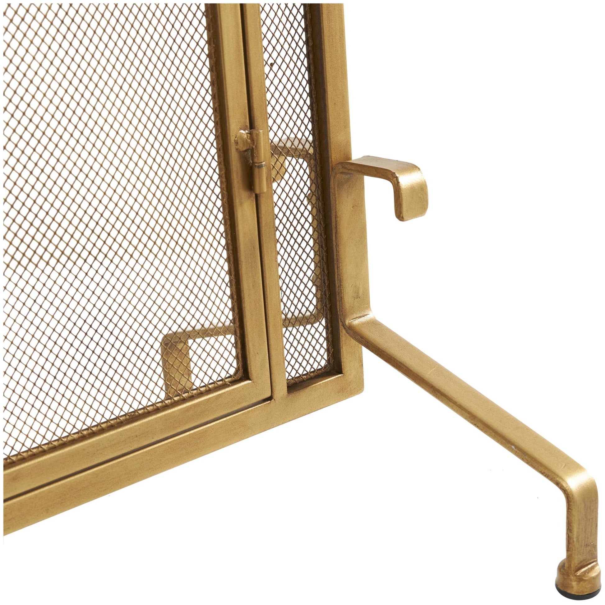 Gold Metal Geometric Single Panel Living Room Fireplace Screen with Latched Doors and Arched Feet
