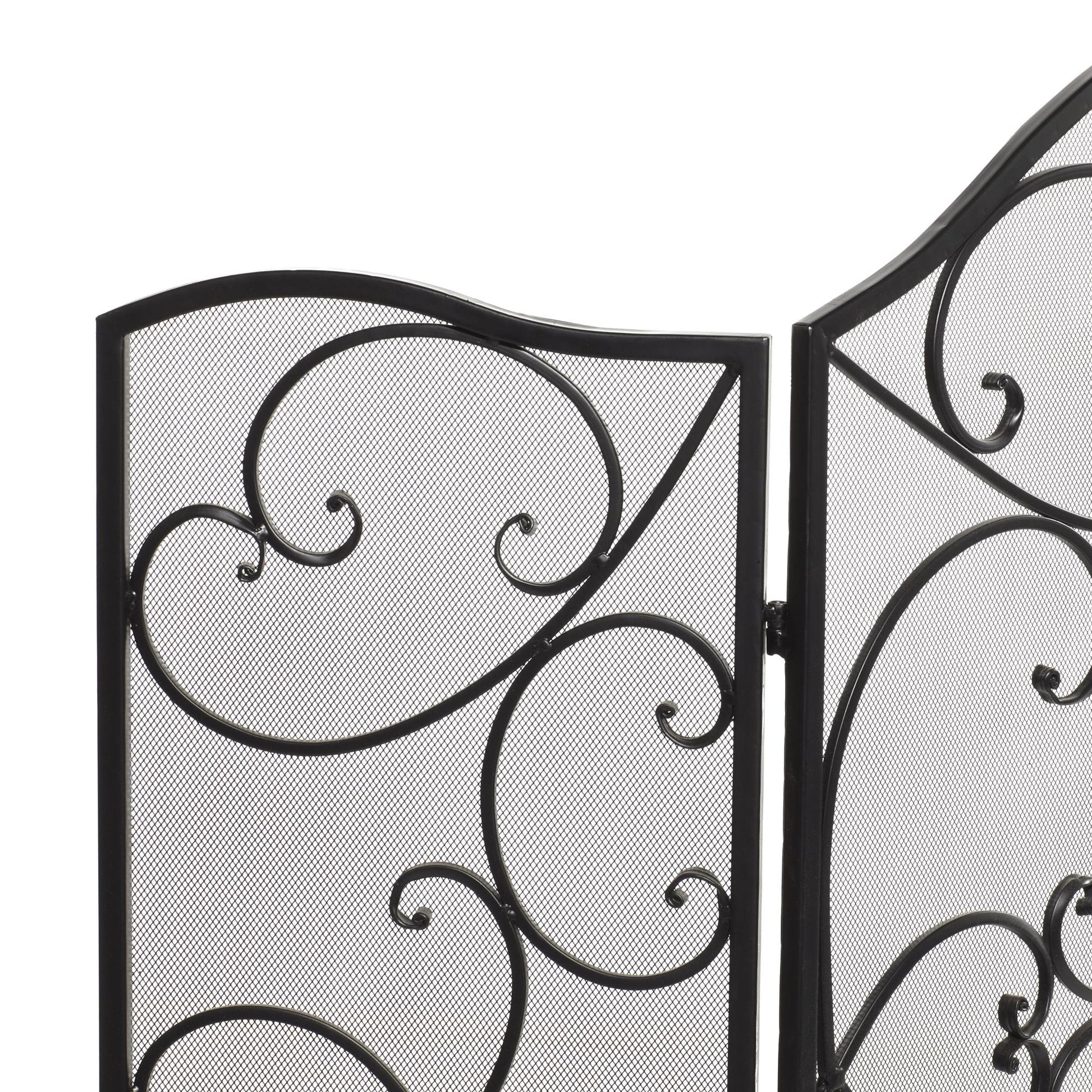 Scroll Black Metal Foldable 3 Panel Living Room Fireplace Screen with Mesh Netting