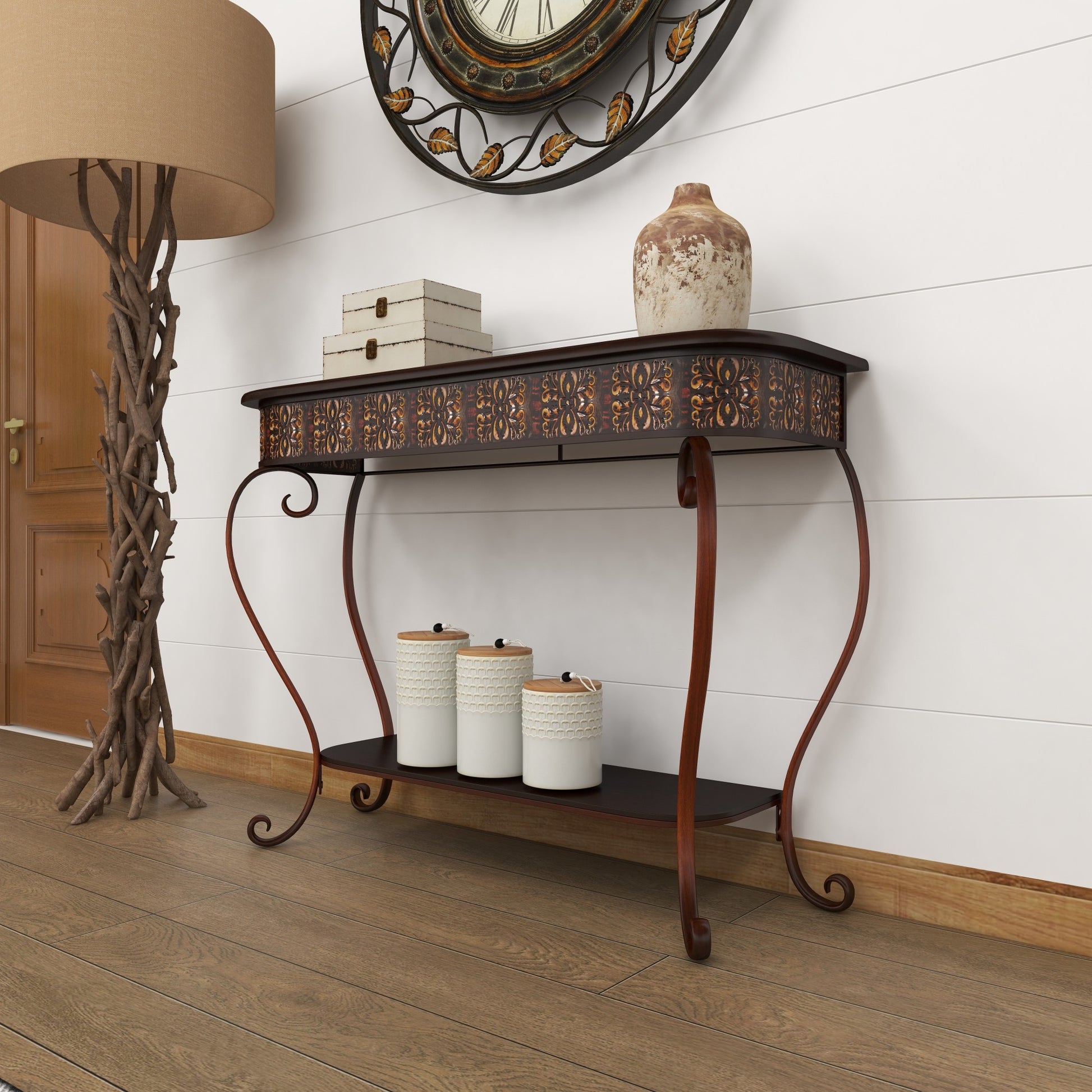 Floral Brown Metal Embossed Living Room Console Table with Ornate Scroll Legs