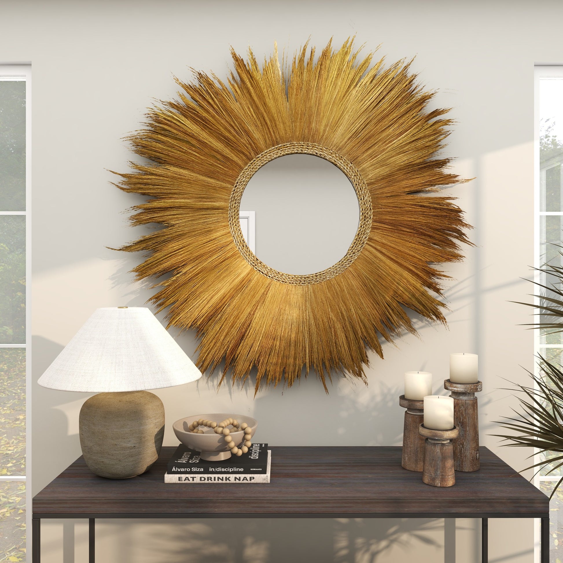 Brown Dried Plant Tribal Inspired Sunburst Grass Room Wall Mirror with Coiled Rope Center