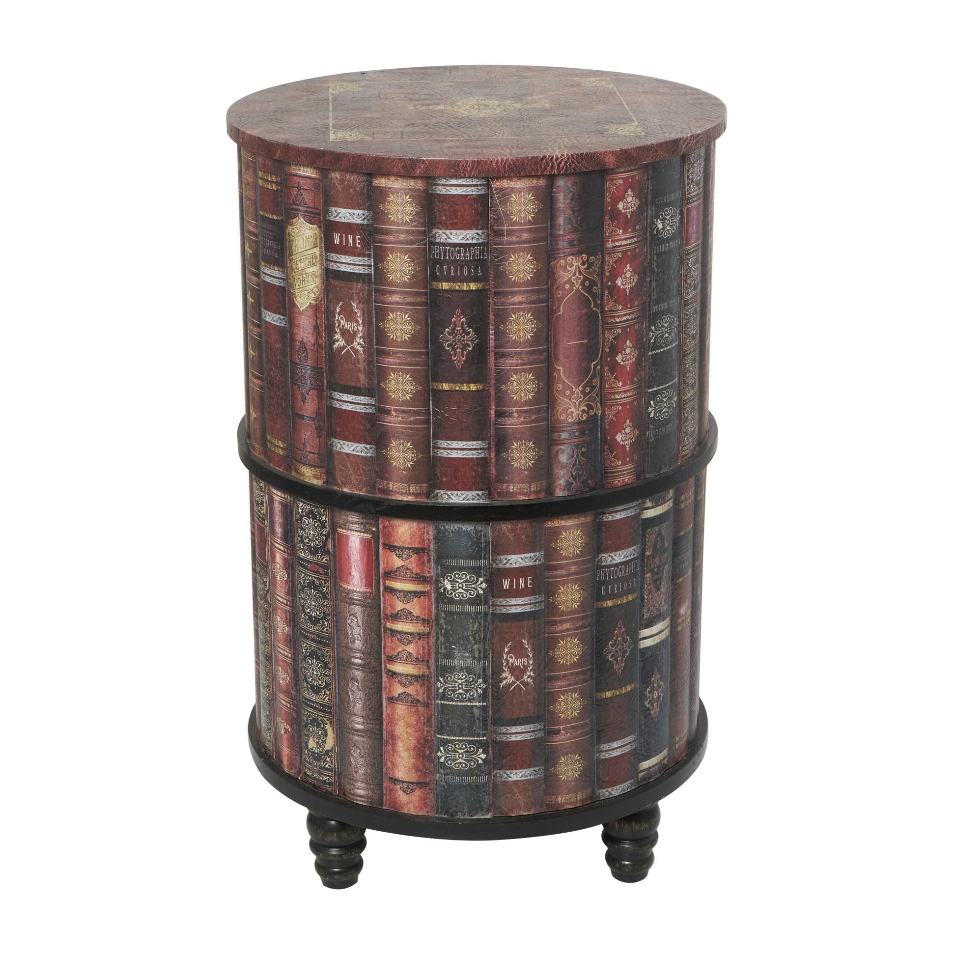 Red Faux Leather Circular Storage 2 Door Room Cabinet with Stacked Book Design and Scroll Details