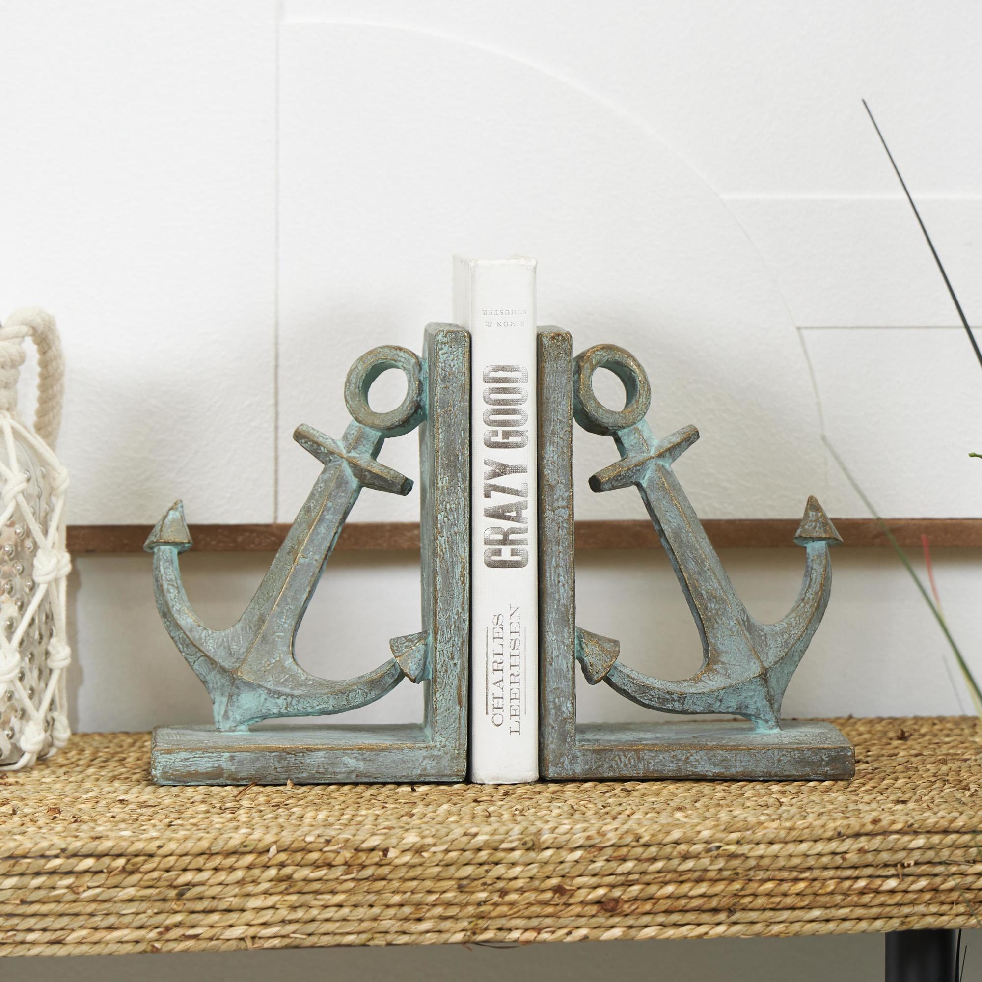 Set of 2 Anchor Blue Polyresin Distressed Patina Decorative Bookends with Gold Foil Accents