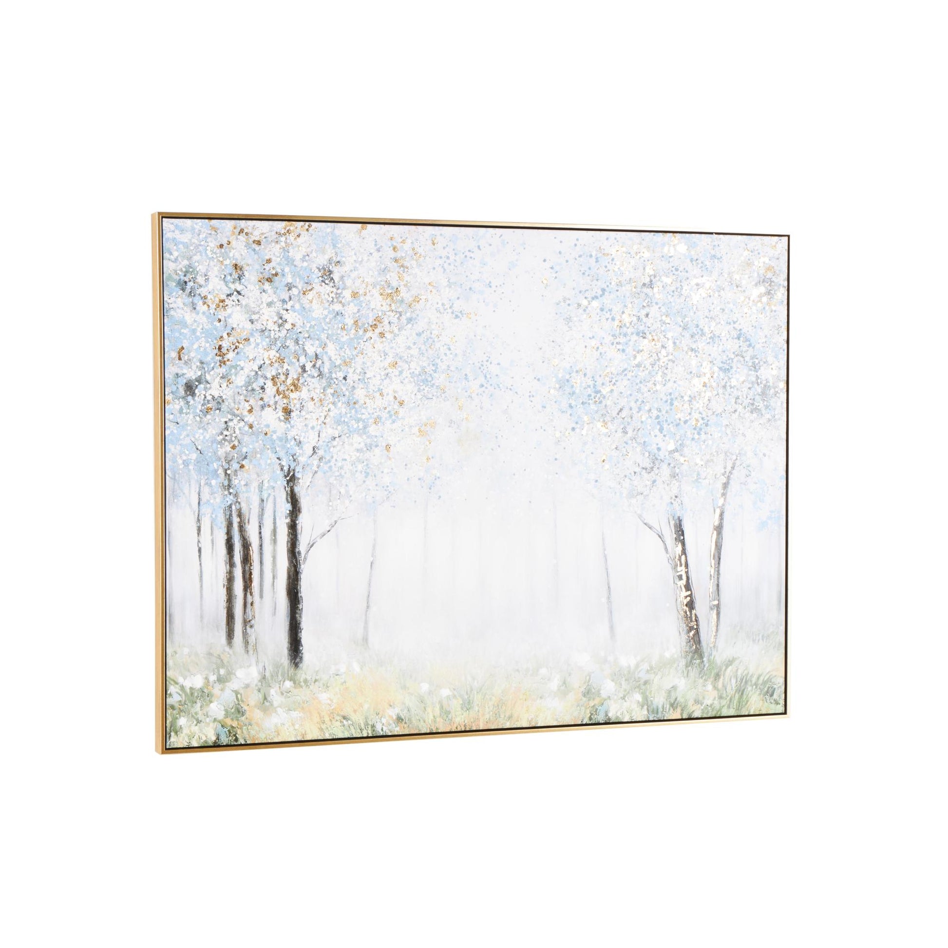 Landscape Blue Canvas Forest Living Room Framed Wall Art with Gold Foil Accents