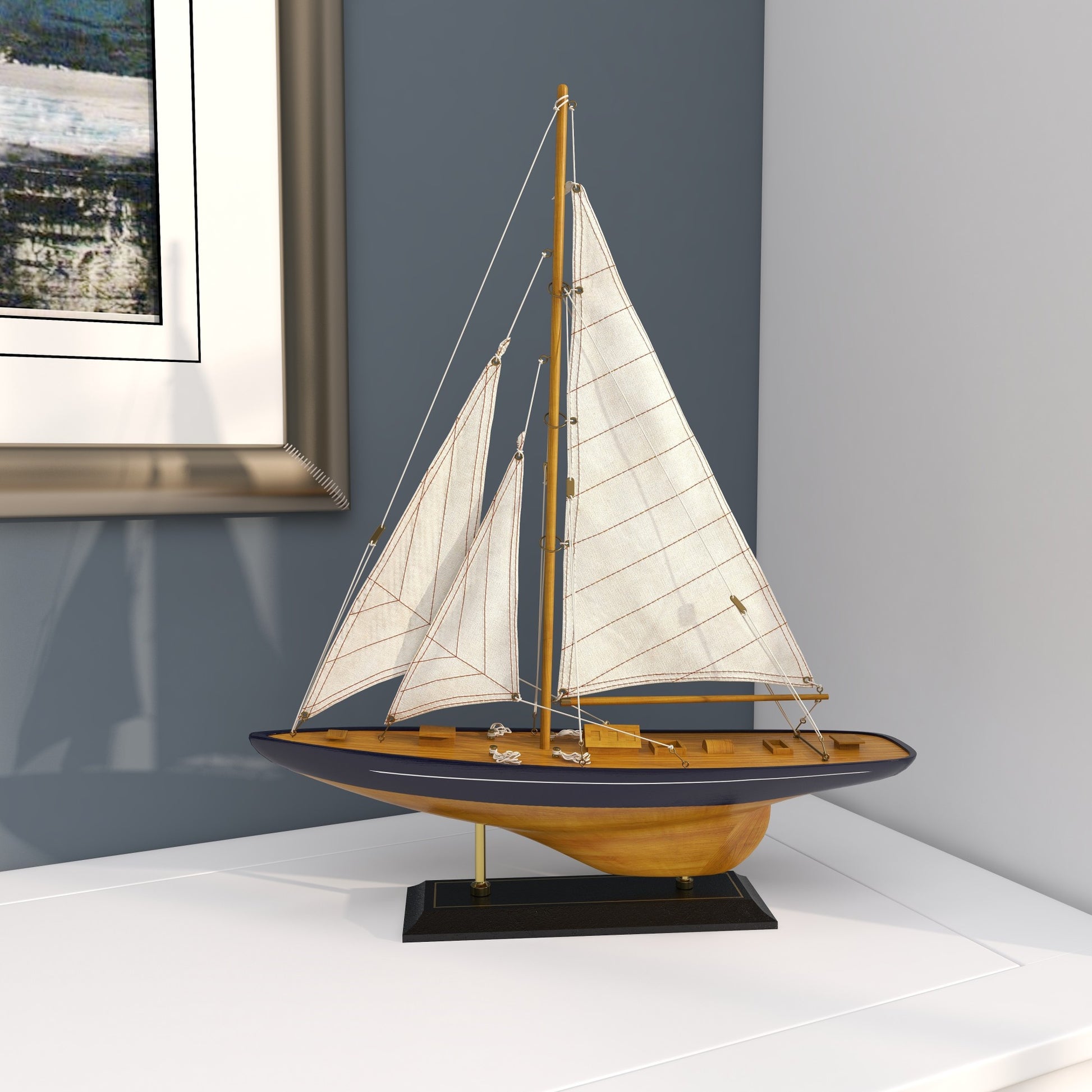 Sail Boat Brown Wood Decorative Sculpture with Beige and Navy Accents and Lifelike Rigging