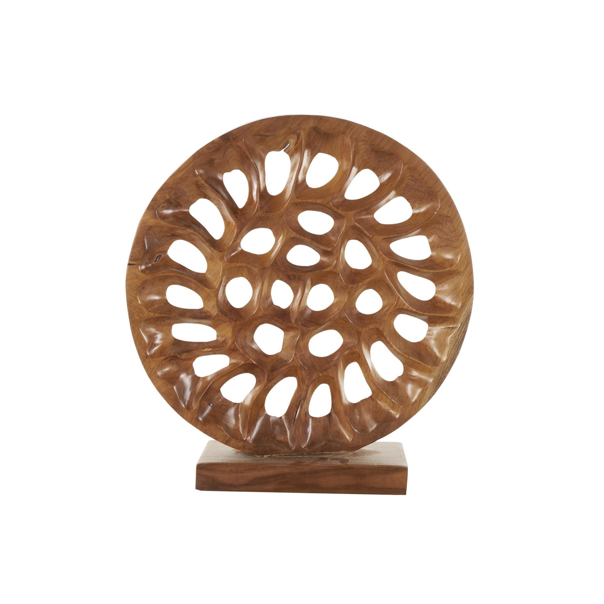 Abstract Brown Teak Wood Handmade Circular Cutout Decorative Sculpture