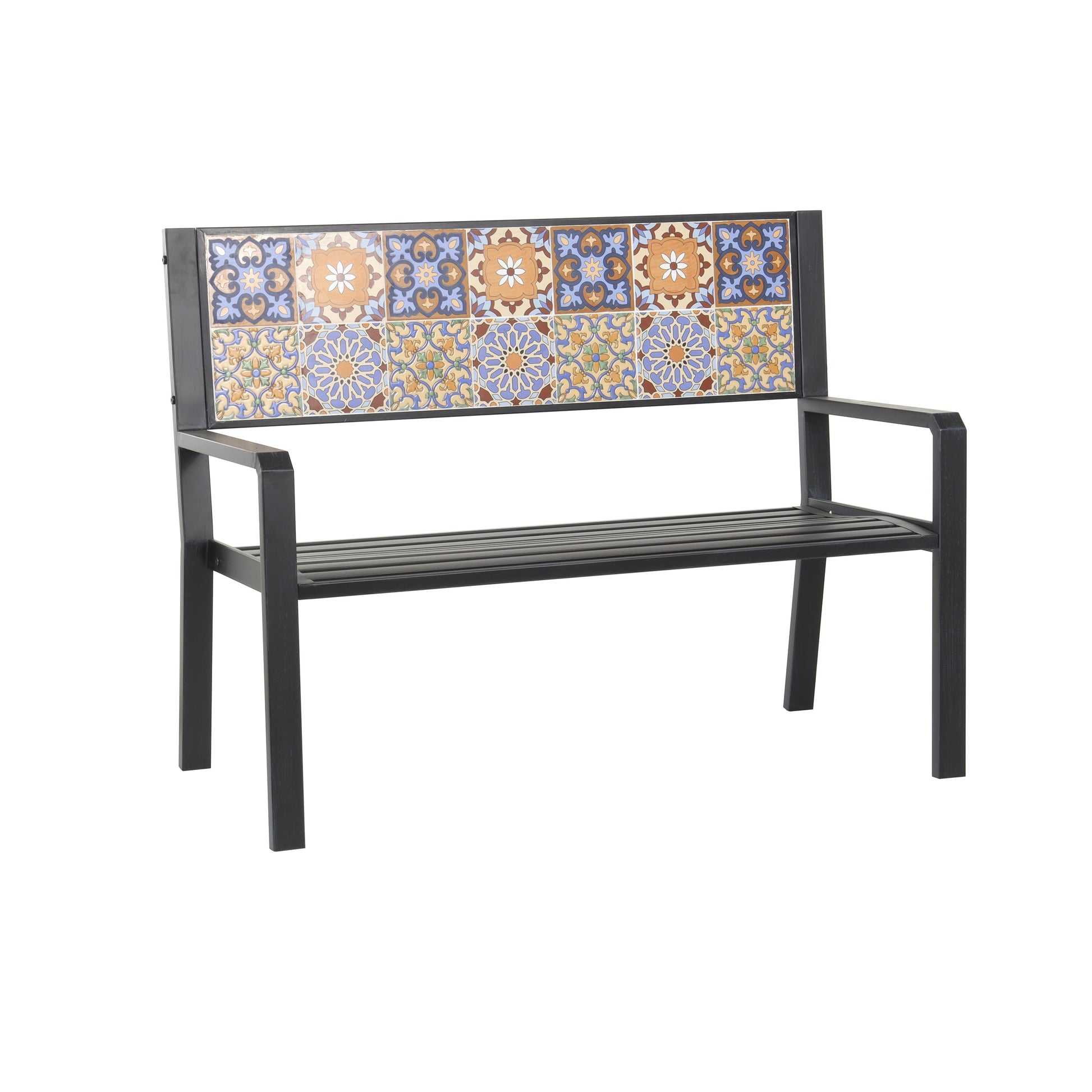 Metal Mosaic Floral and Scroll Patio Outdoor Bench with Orange and Blue Patterns 47" x 22" x 36"