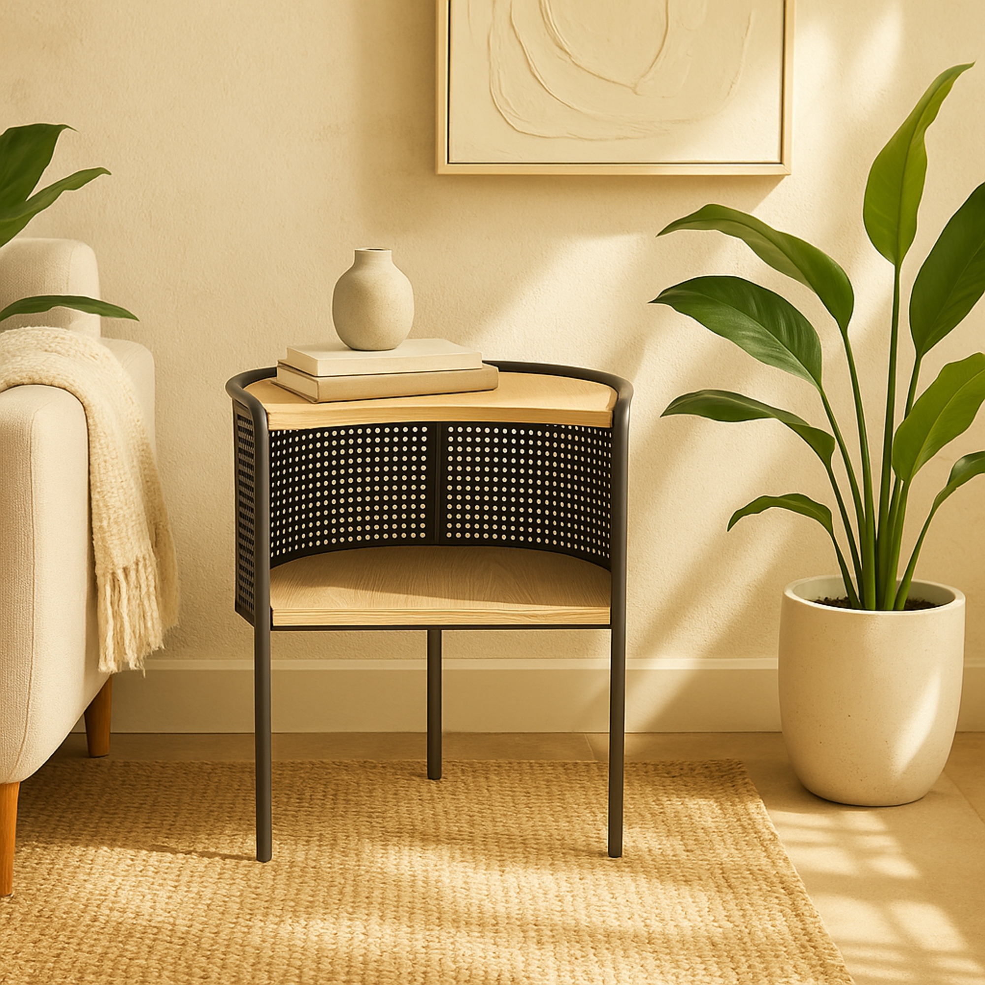 Light Brown Wooden Half-Moon Two- Toned Side End Accent Table with Mesh Back Panel and Brown Wood Tabletop