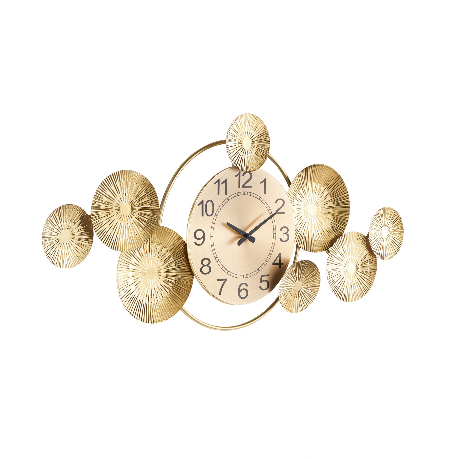 Starburst Gold Stainless Steel Metal Decorative Wall Clock with Black Accents and Overlapping Discs
