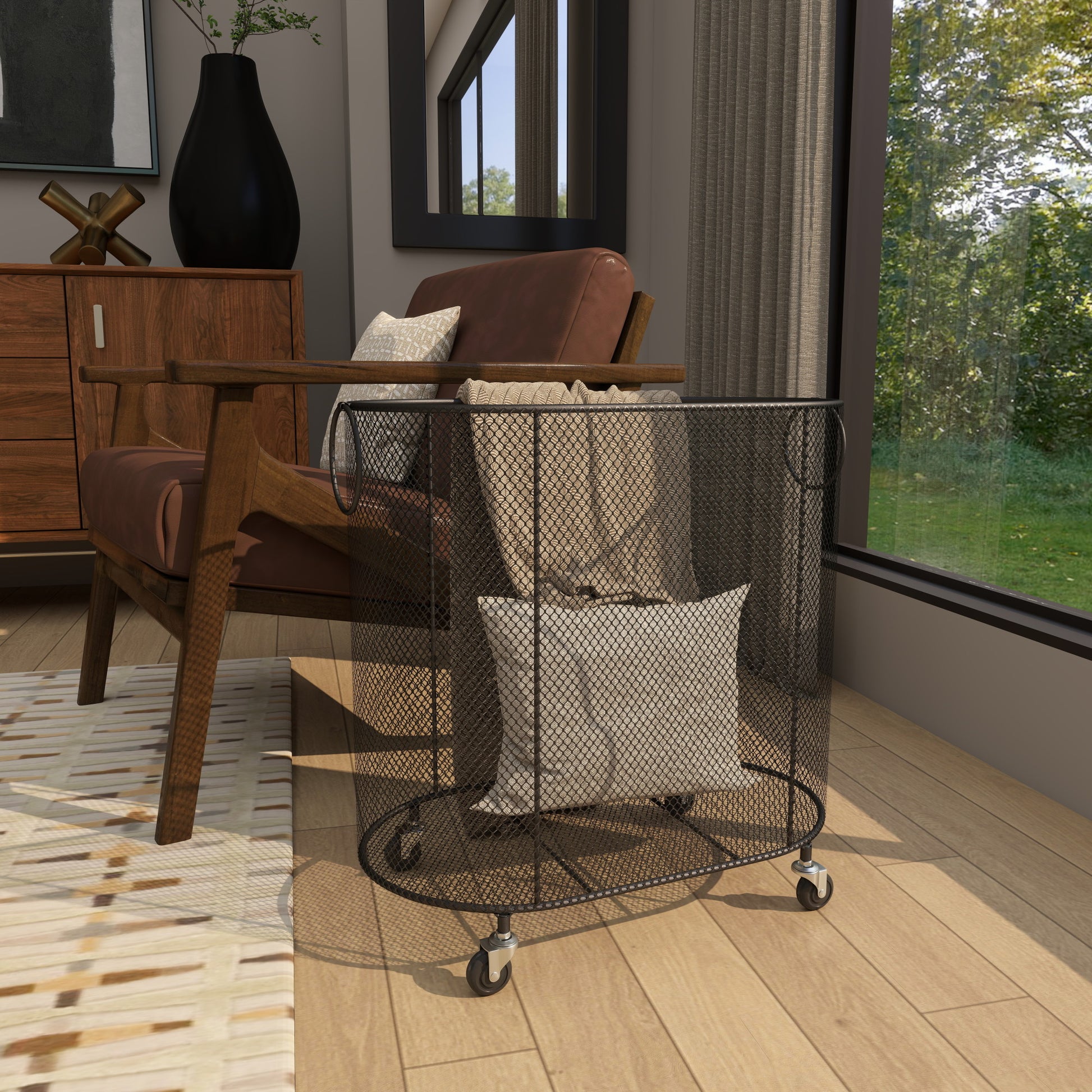 Metal Oval Mesh Wire Rolling Laundry Mobile Storage Cart with Ring Handles