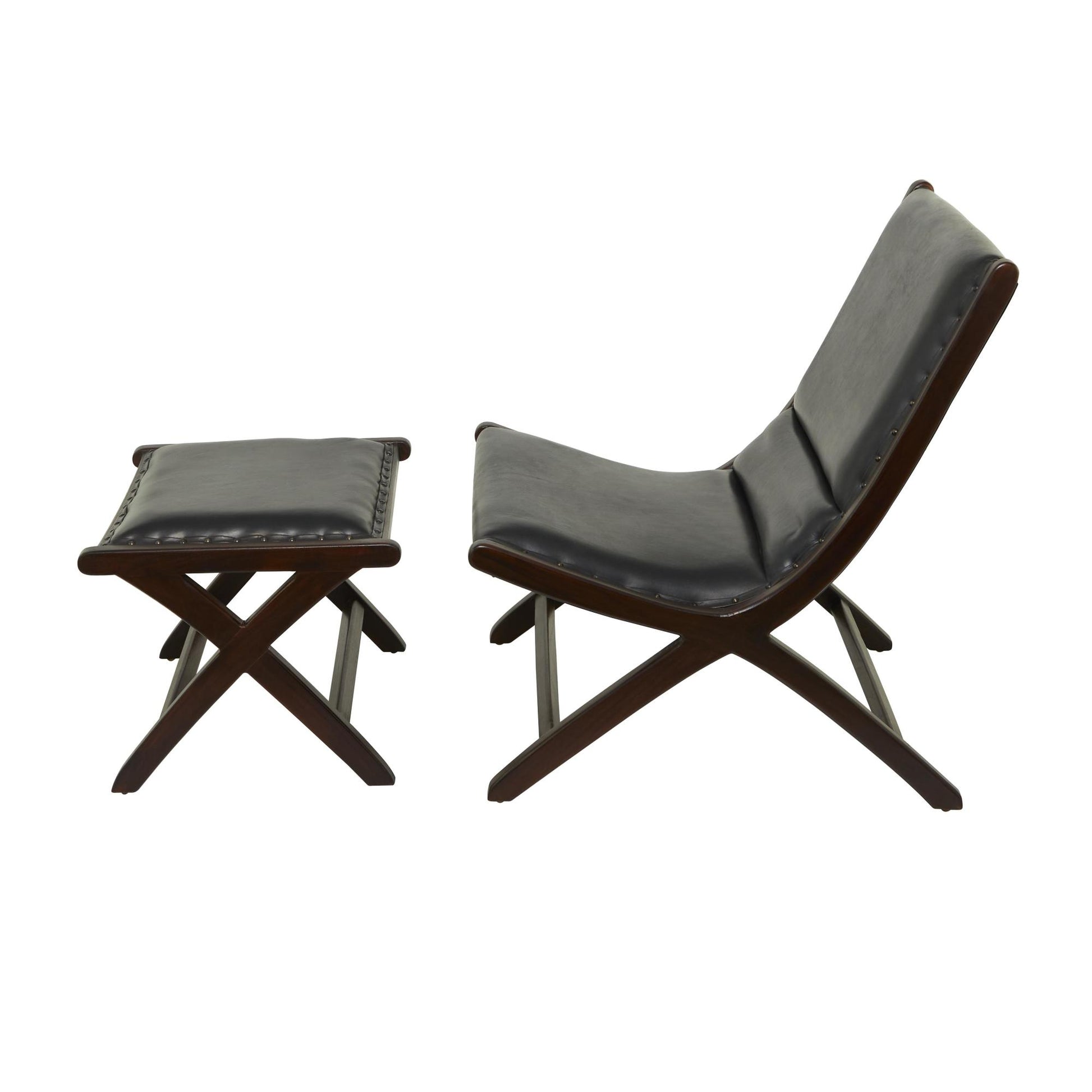 Teak Wood Handmade Upholstered Leather Room Accent Chair with Ottoman