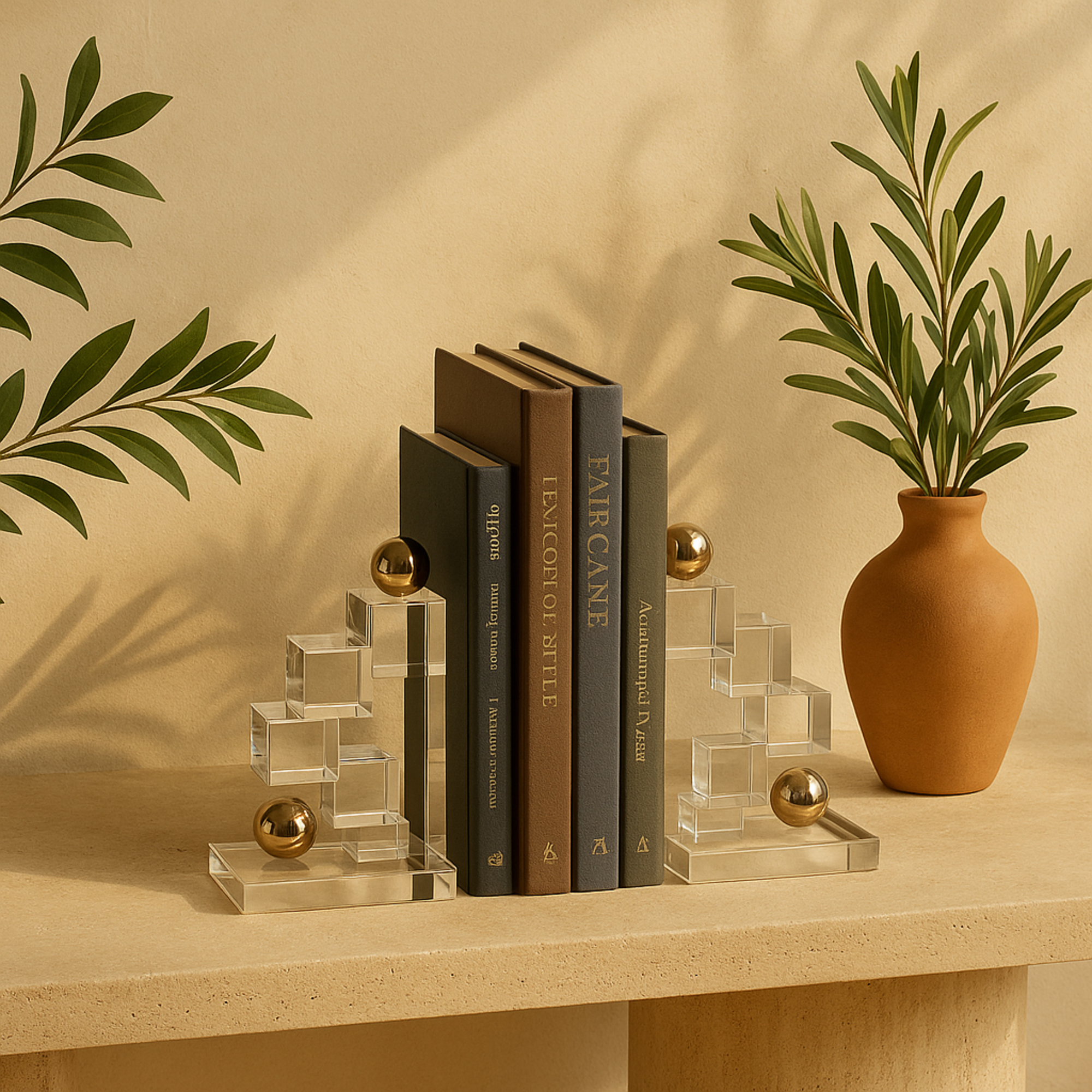 Set of 2 Geometric Clear Glass Stacked Squares Decorative Bookends with Silver Orbs