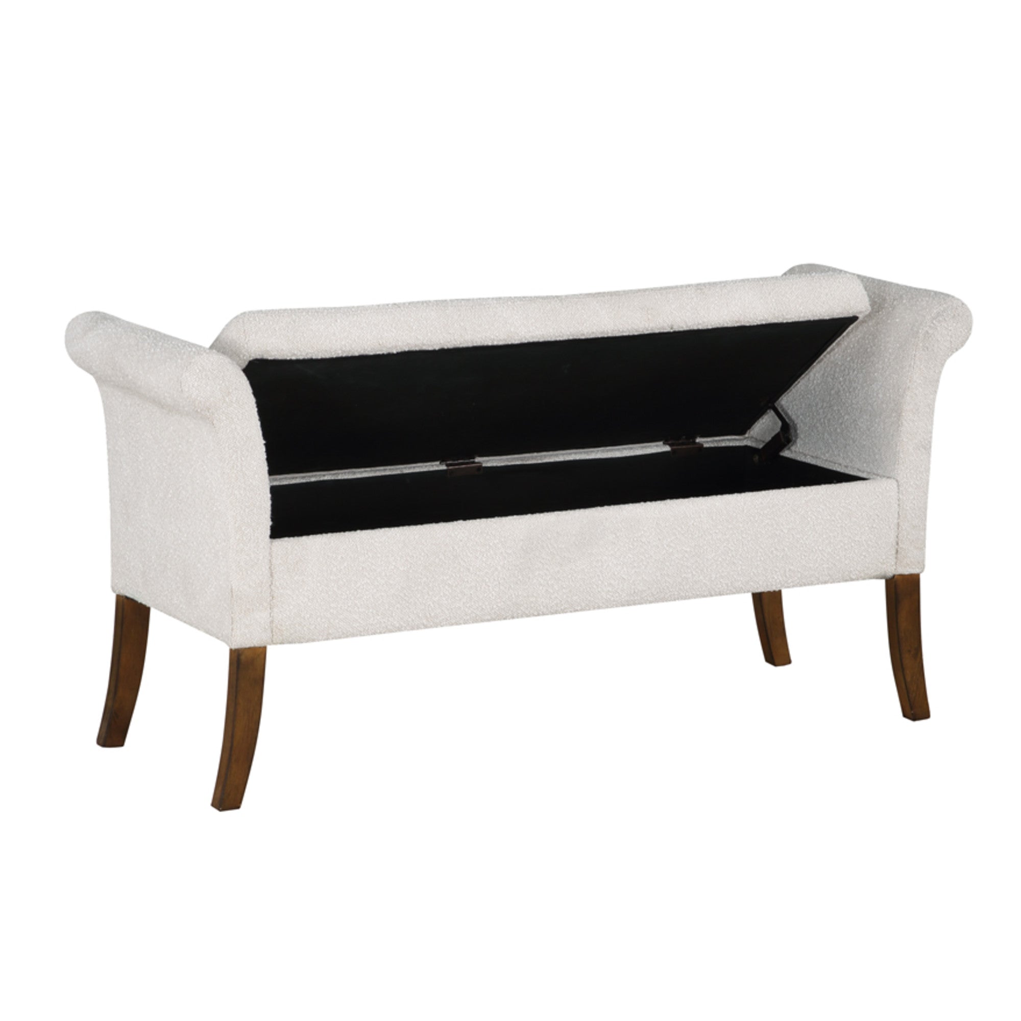 White Fabric Boucle Room Storage Bench with Flared Brown Wooden Legs