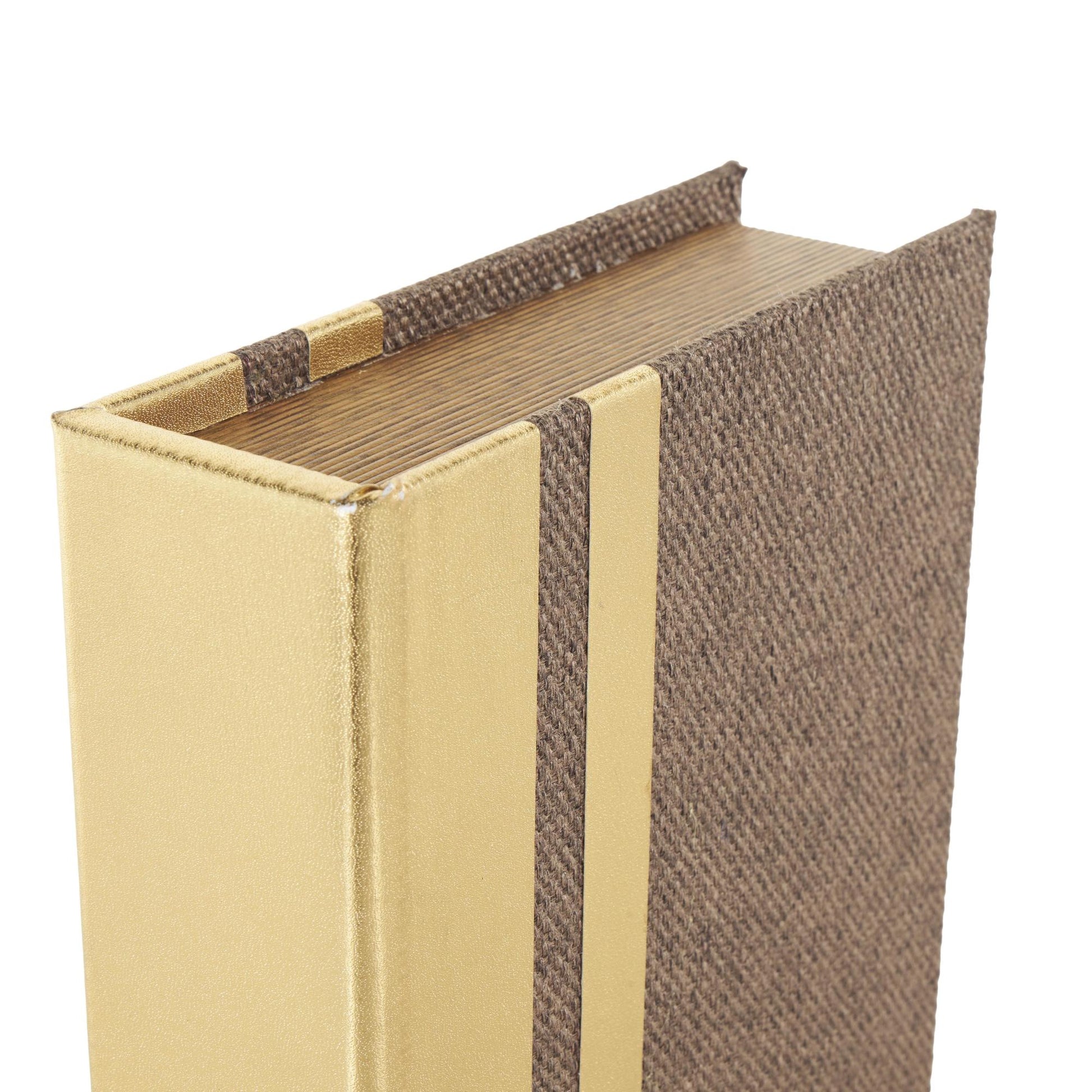 Set of 3 Brown Linen Fabric Textured Faux Book Storage Decorative Box with Gold Faux Leather