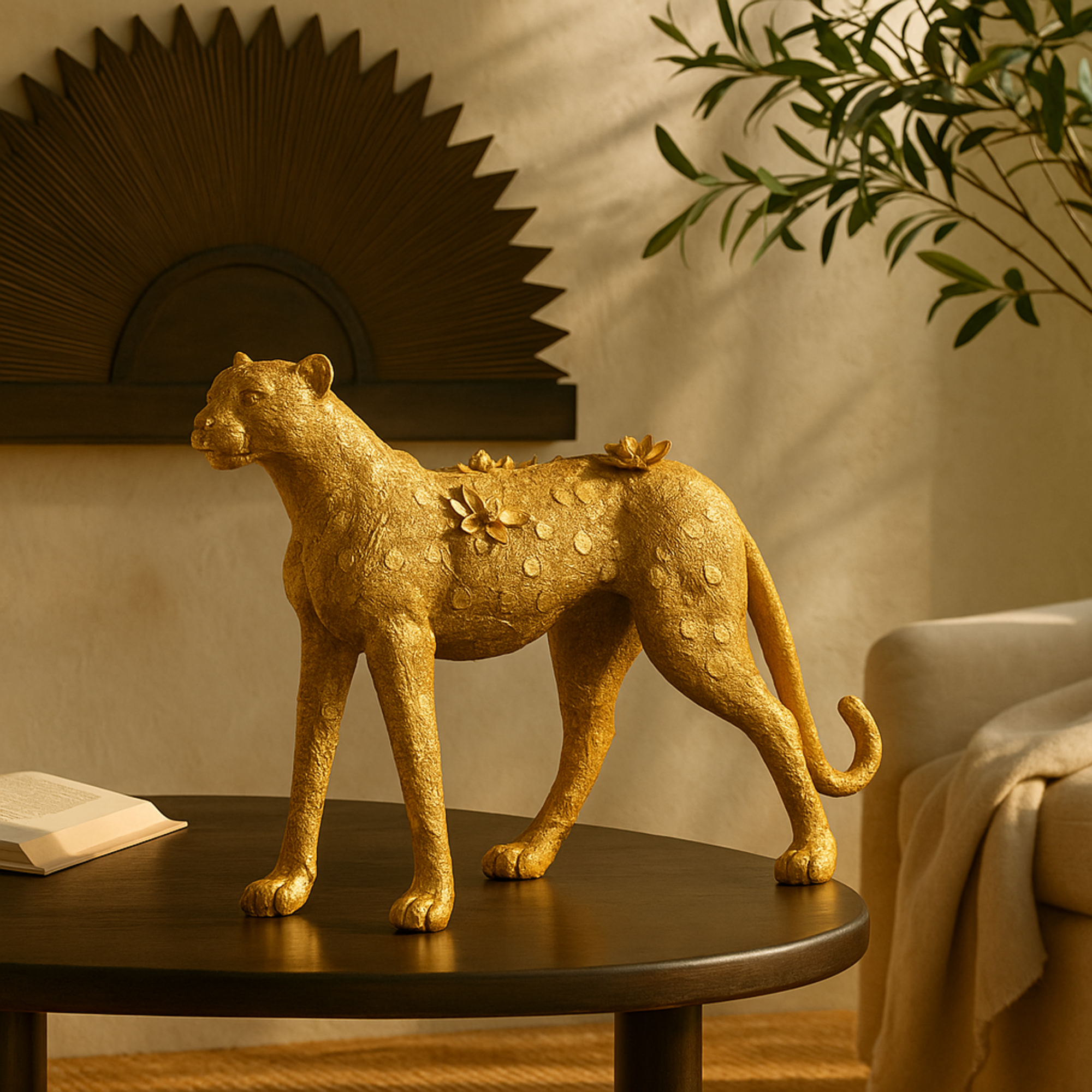 Leopard Gold Resin Standing Decorative Sculpture with Textured Spots and Floral Accents