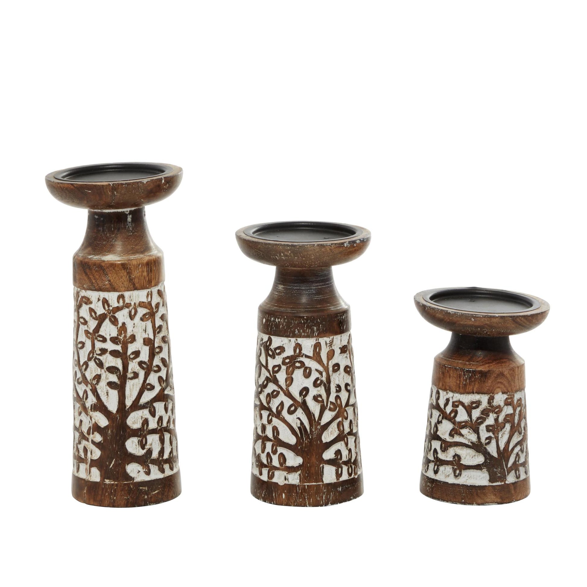 Set of 3 Floral Mango Wood Handmade Carved Pillar Decorative Candle Holder with Whitewashed Cream Backing Set of 3 10", 8", 6"H