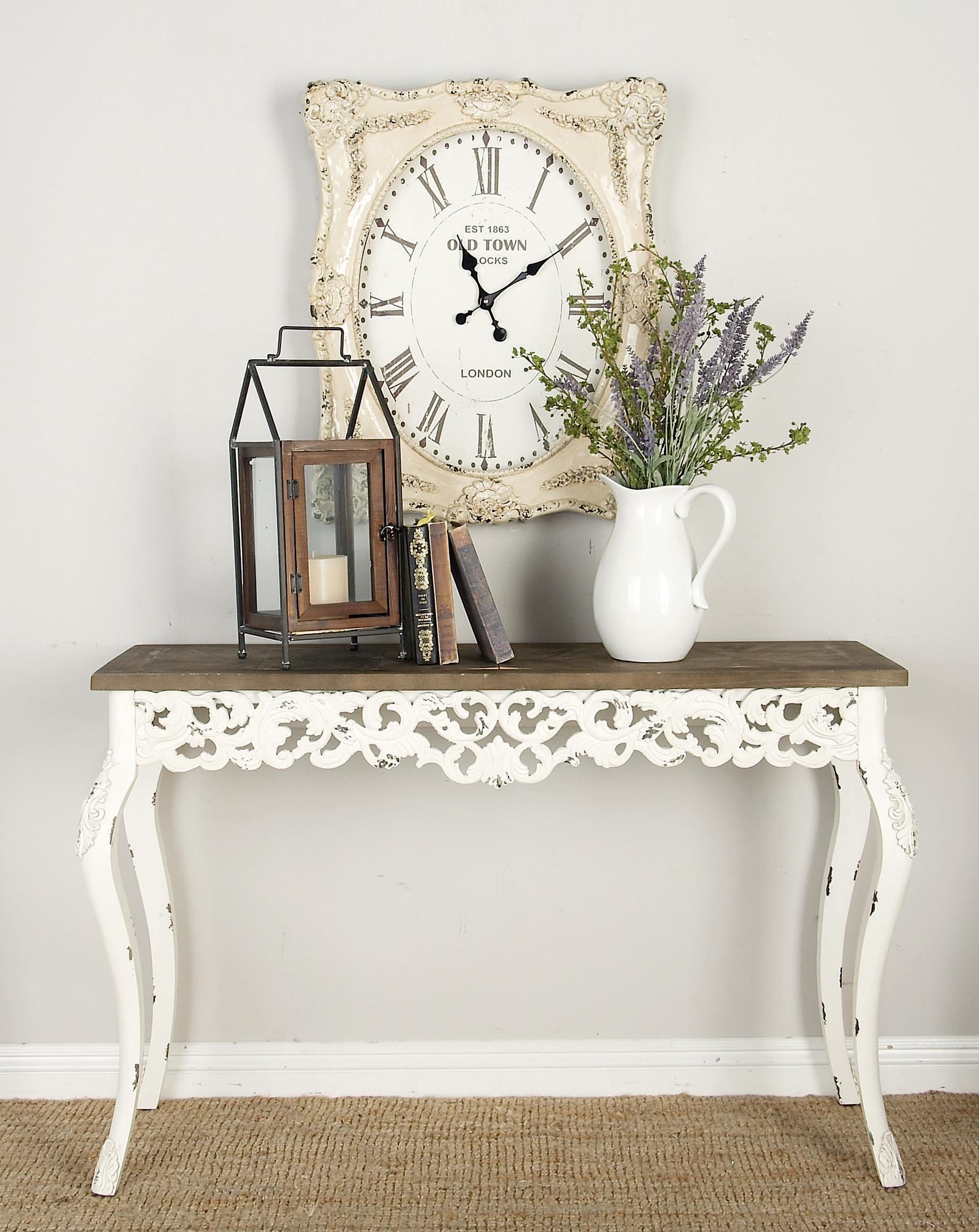 Scroll White Wood Intricately Carved Living Room Console Table with Brown Wood Top
