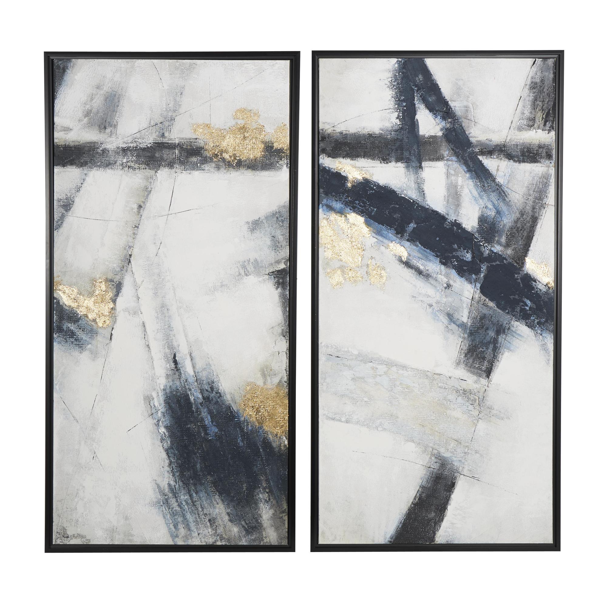 Set of 2 Abstract Light Gray Canvas Lines Living Room Framed Wall Art with Gold Foil Accents