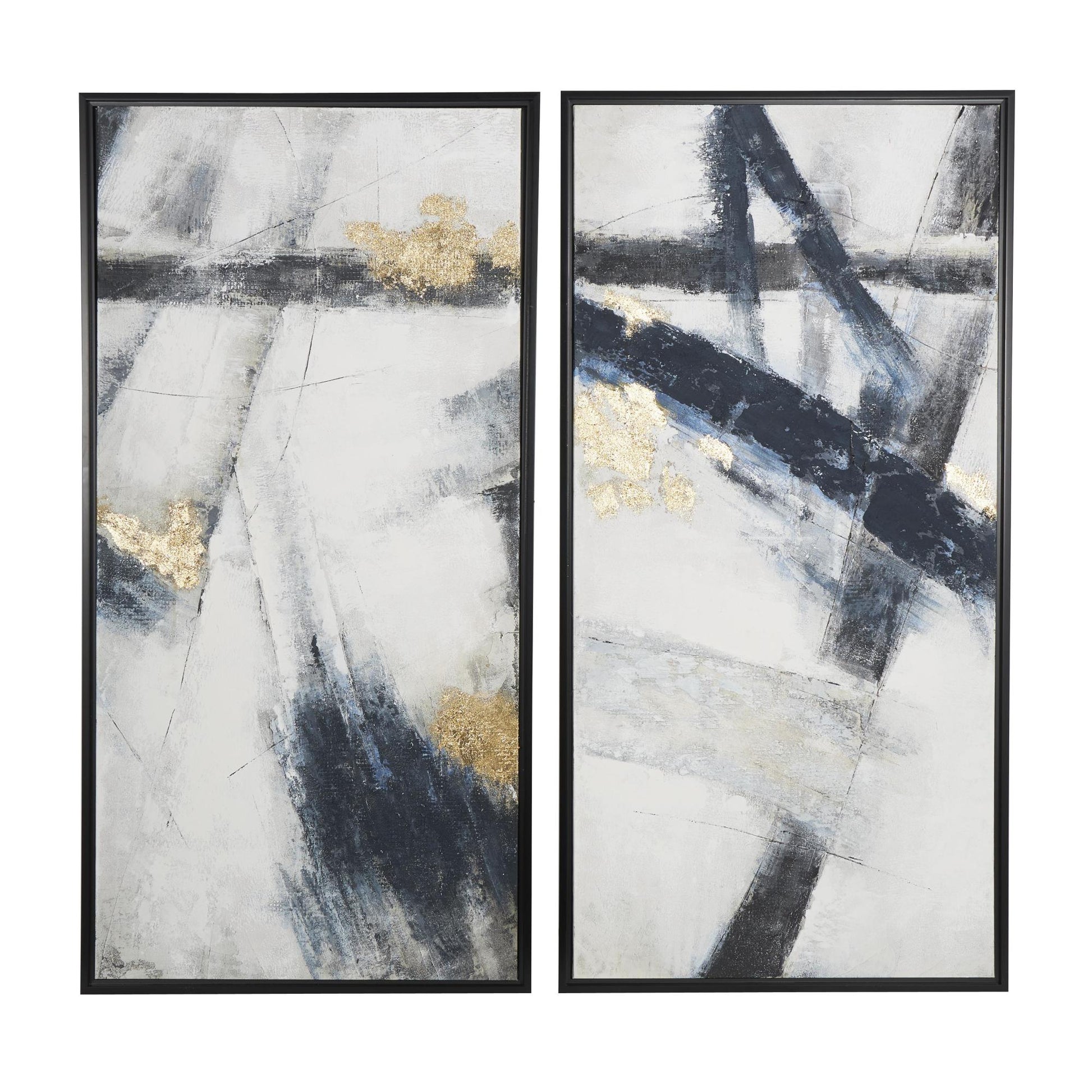 Set of 2 Abstract Light Gray Canvas Lines Living Room Framed Wall Art with Gold Foil Accents