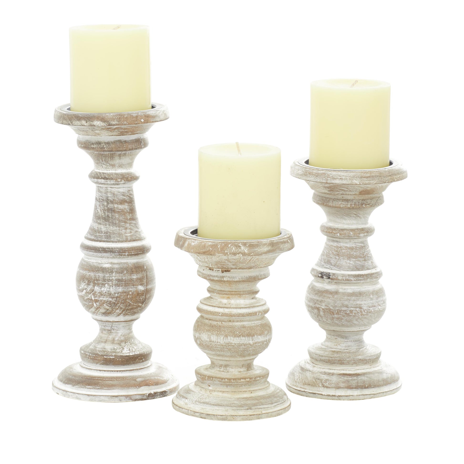 Set of 3 Mango Wood Distressed Turned Pillar Decorative Candle Holder