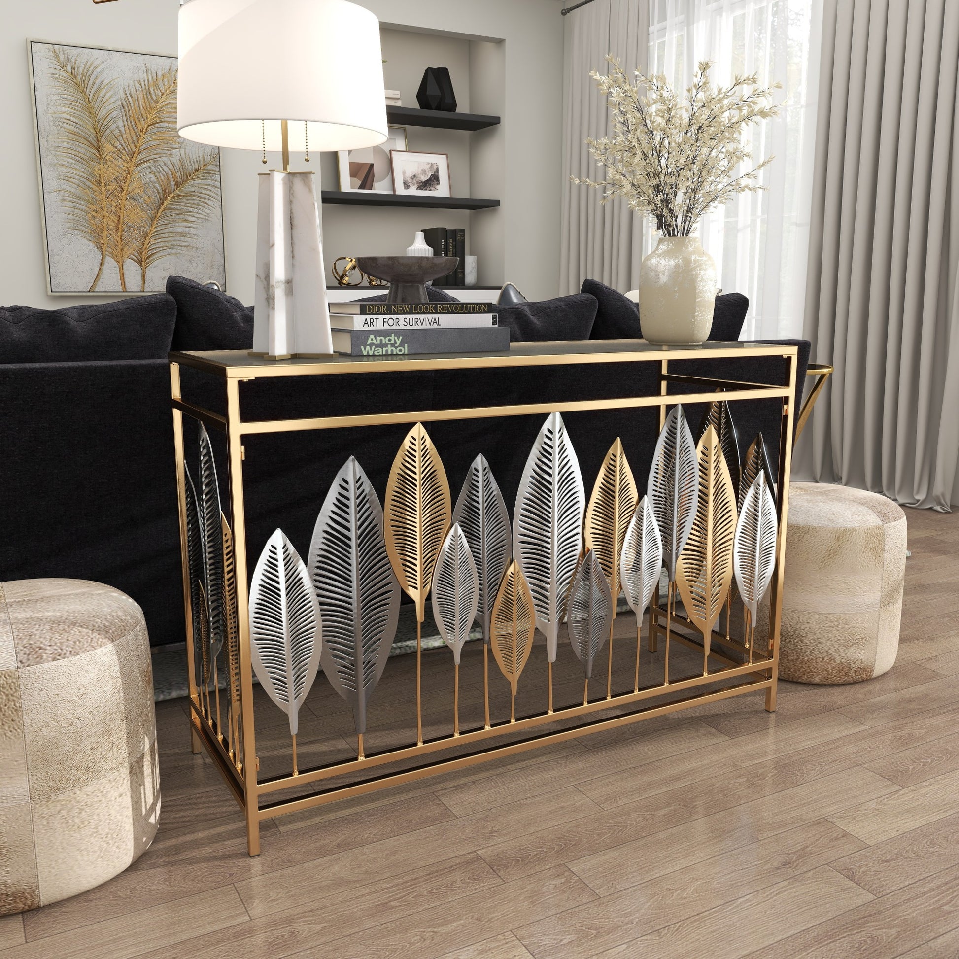 Leaf Metal Rectangular Living Room Console Table with Mirrored Glass Top and Gold Accents