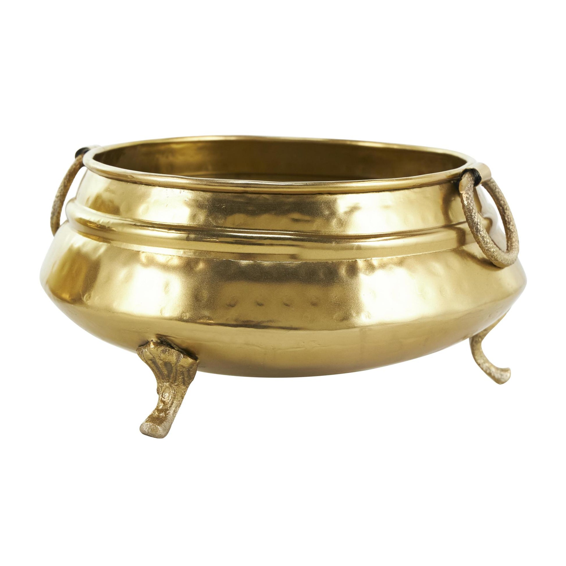 Set of 2 Gold Metal Hammered Pot Indoor Outdoor Planter with Scrolled Feet and Ring Handles