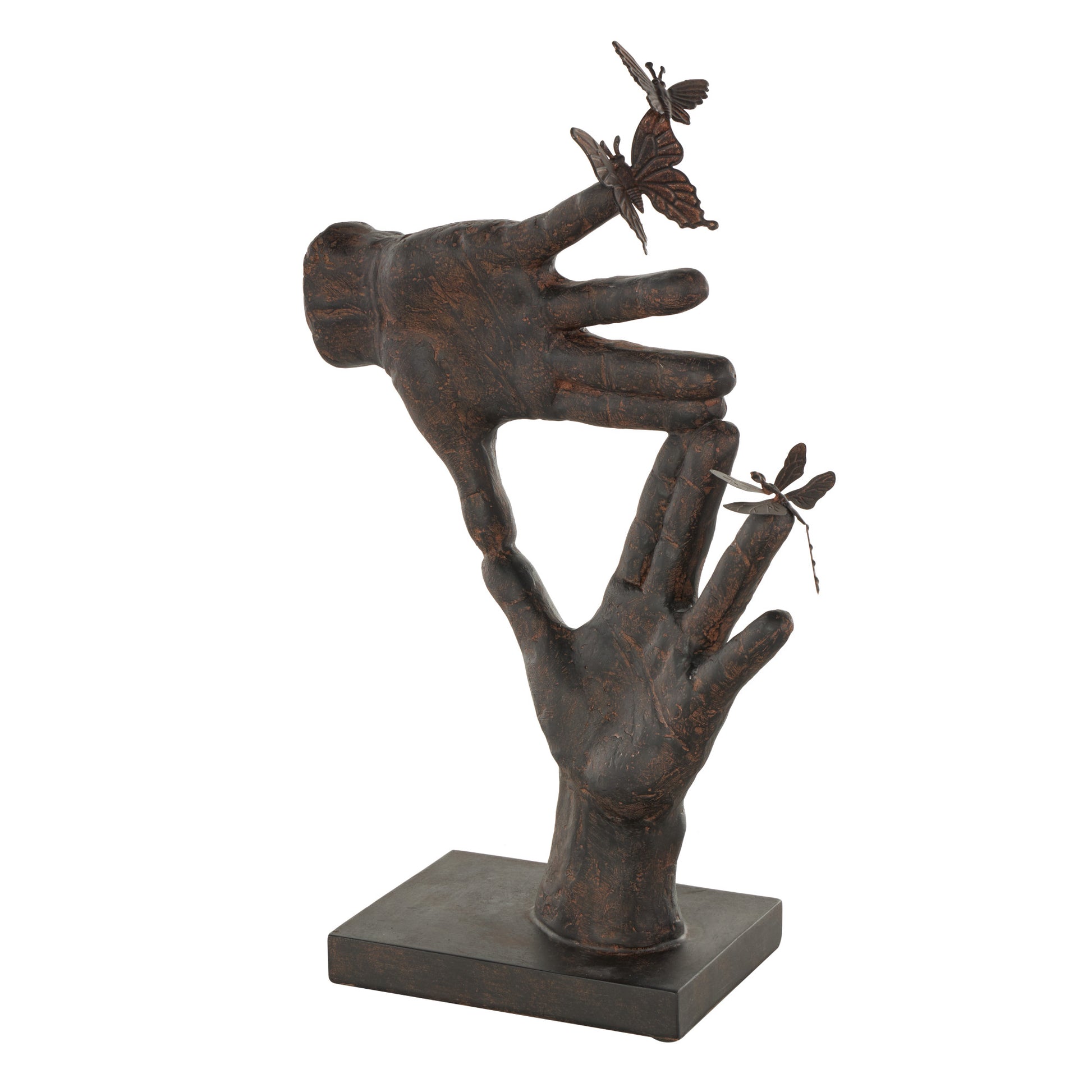 Hands Dark Brown Polystone Sign Decorative Sculpture with Butterrfly Accents
