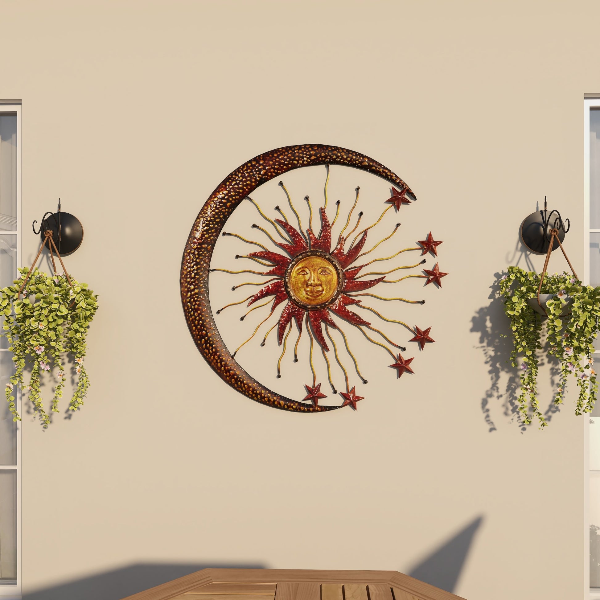 Sun and Moon Copper Metal Indoor Outdoor Home Wall Decor with Stars