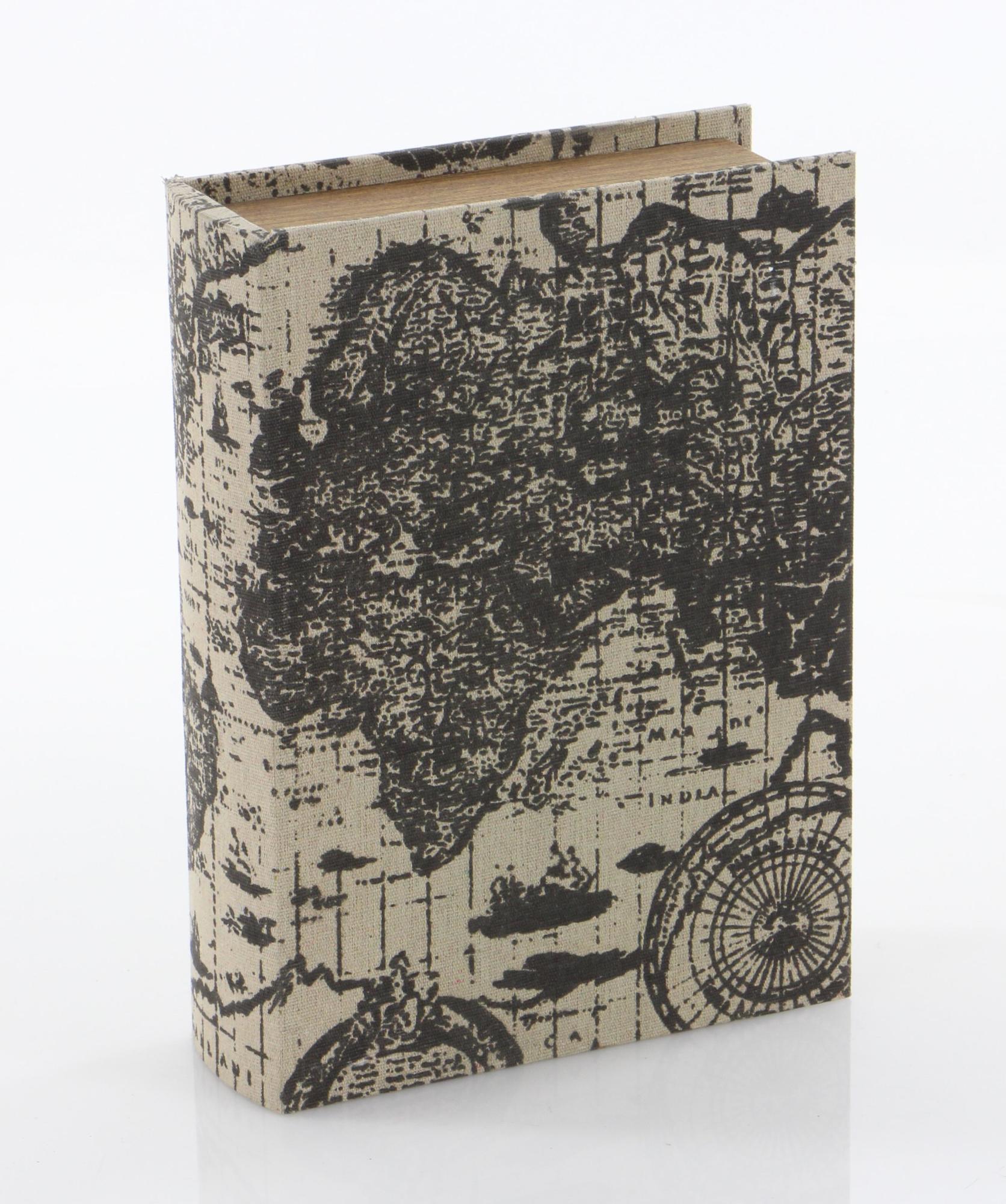 Set of 3 World Map Beige Linen Fabric Faux Book Storage Decorative Box with Black Continents