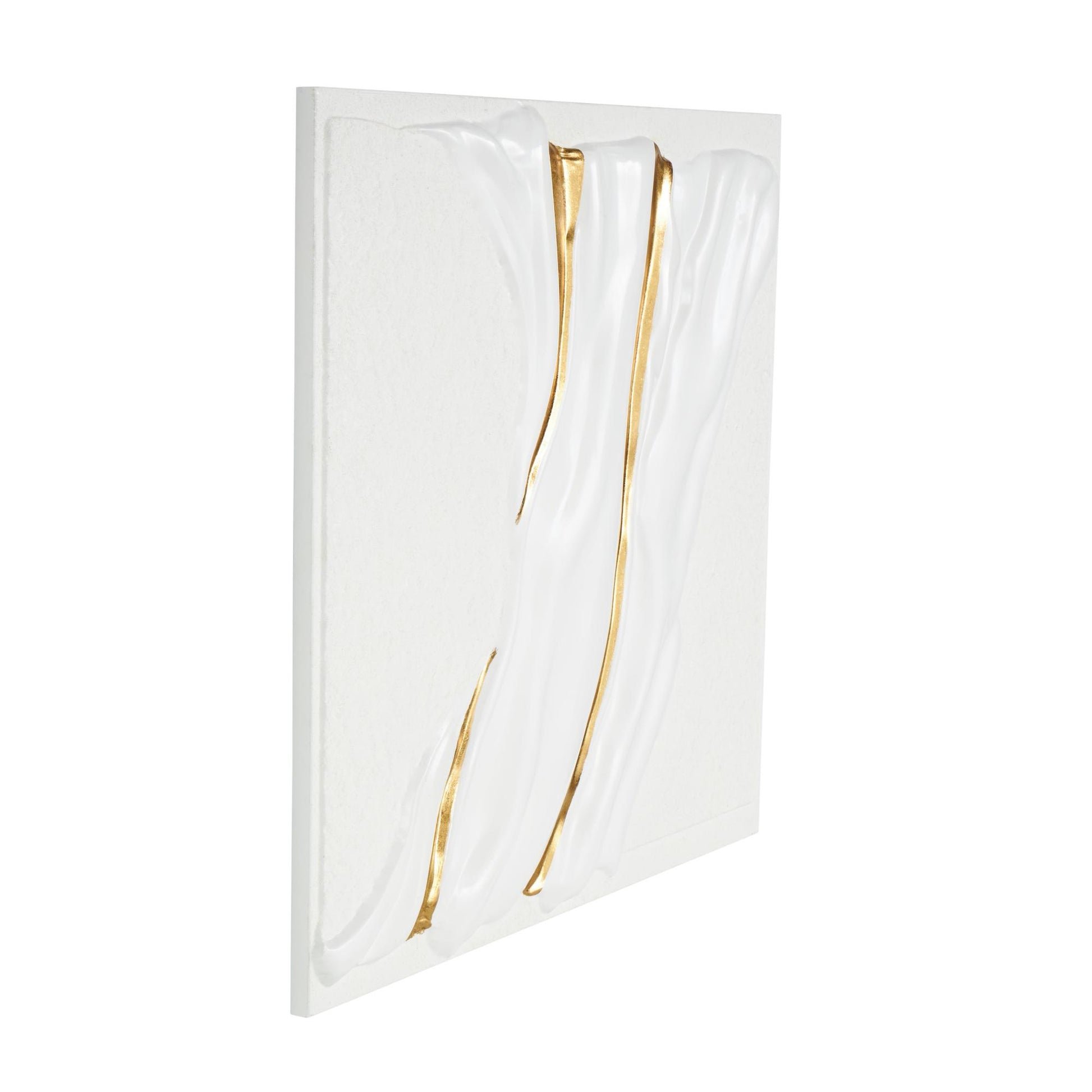 Abstract White Metal Dimensional Textured Wavy Living Room Framed Wall Art with Curved Gold Accents