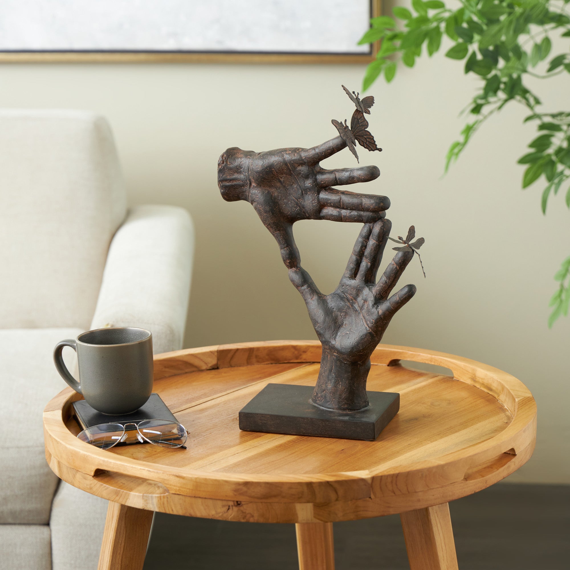 Hands Dark Brown Polystone Sign Decorative Sculpture with Butterrfly Accents
