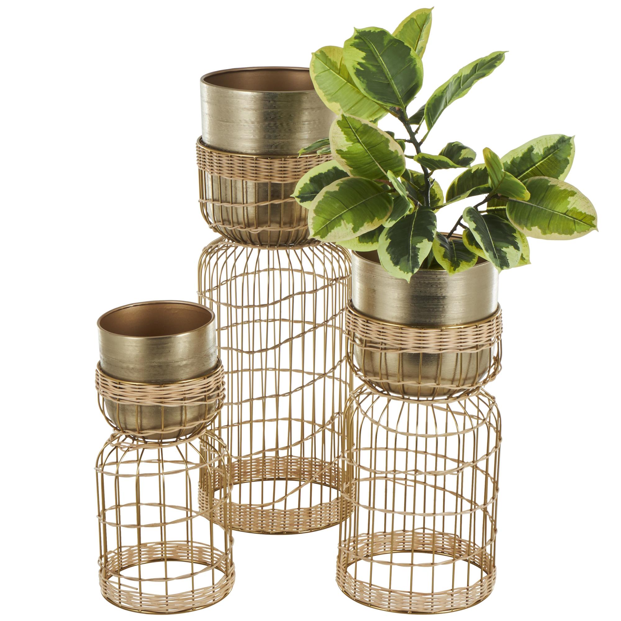 Set of 3 Metal Textured Dome Indoor Planter with Woven Seagrass and Caged Rod Pedestal Base Set of 3 32", 27", 24"H