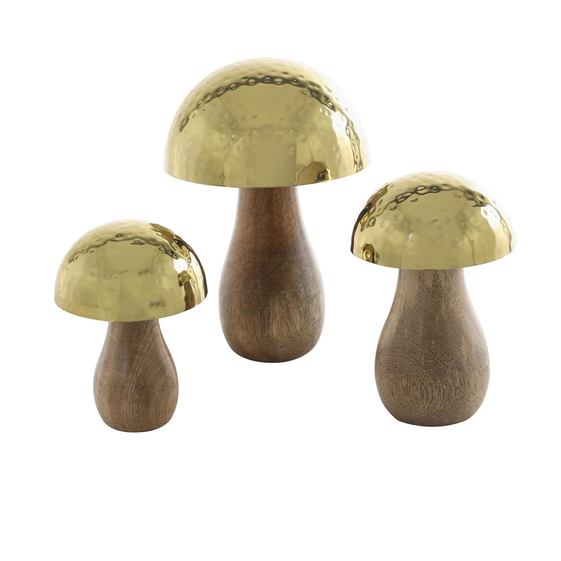 Set of 3 Mushroom Stainless Steel Metal Handmade Hammered Decorative Sculpture with Brown Wood Bases