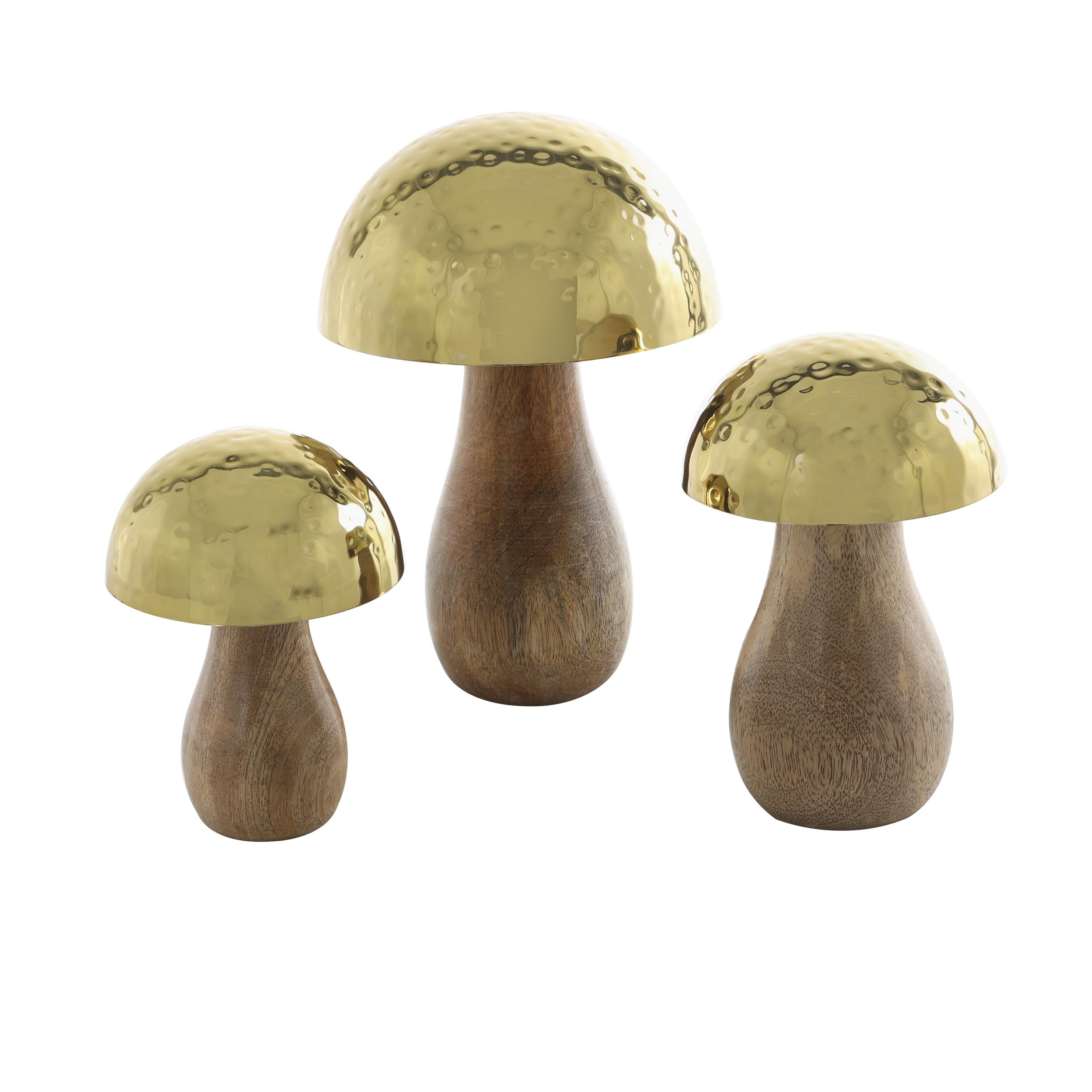 Set of 3 Mushroom Stainless Steel Metal Handmade Hammered Decorative Sculpture with Brown Wood Bases