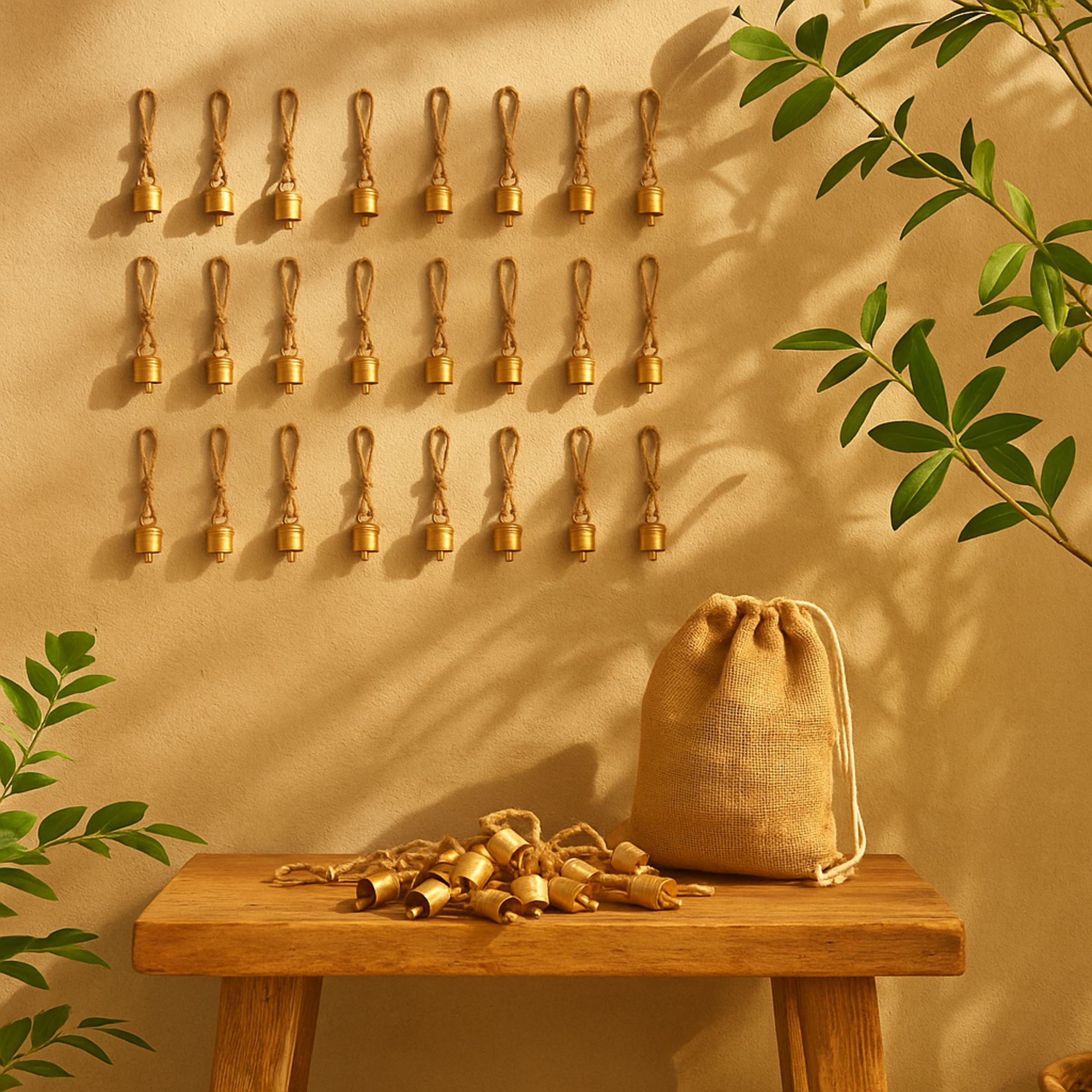 Set of 36 Bell Gold Metal Tibetan Inspired Indoor Outdoor Decorative Bells with Brown Jute Rope and Canvas Tote
