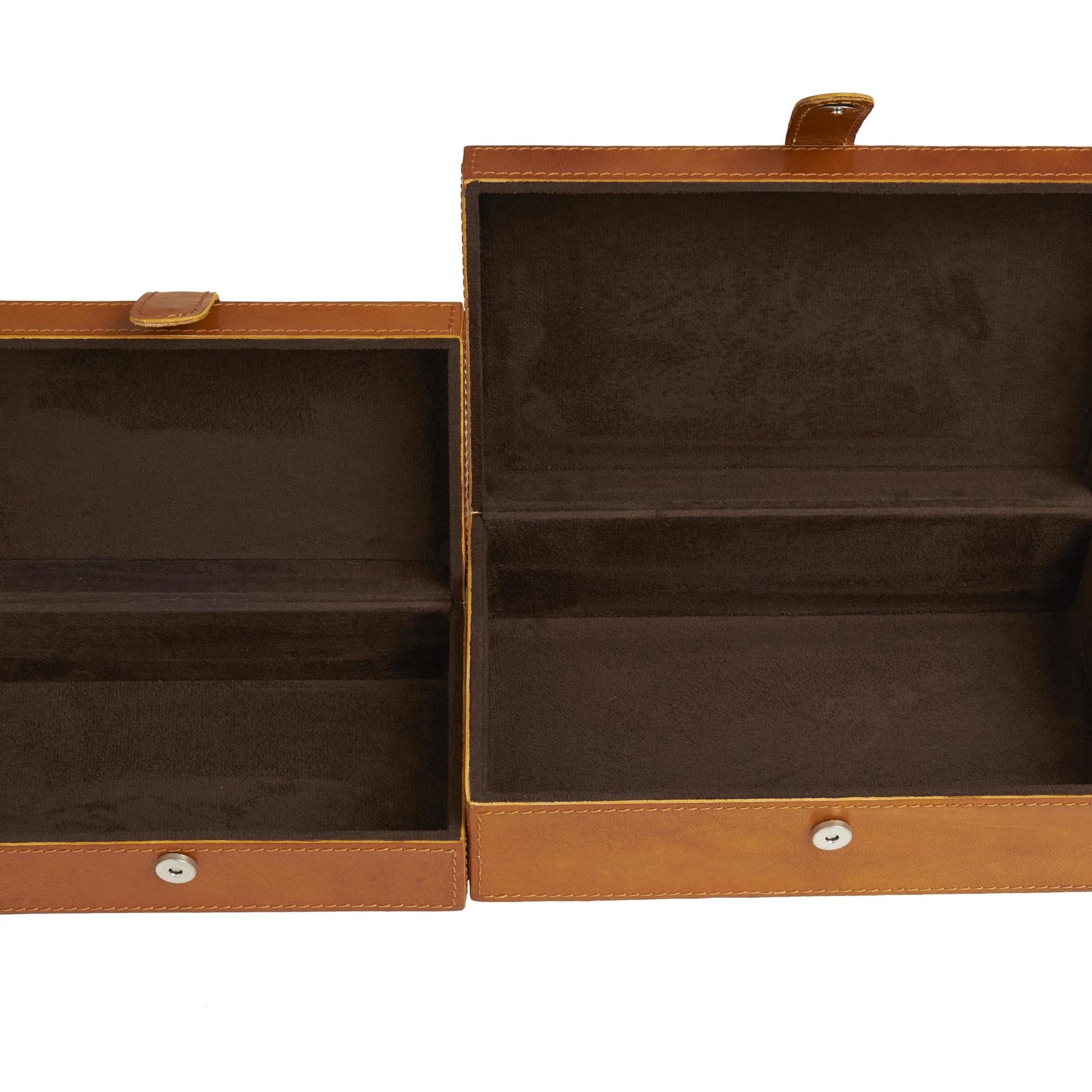 Set of 2 Leather Handmade Decorative Box with Snap Front Closure and Detailed Stitching