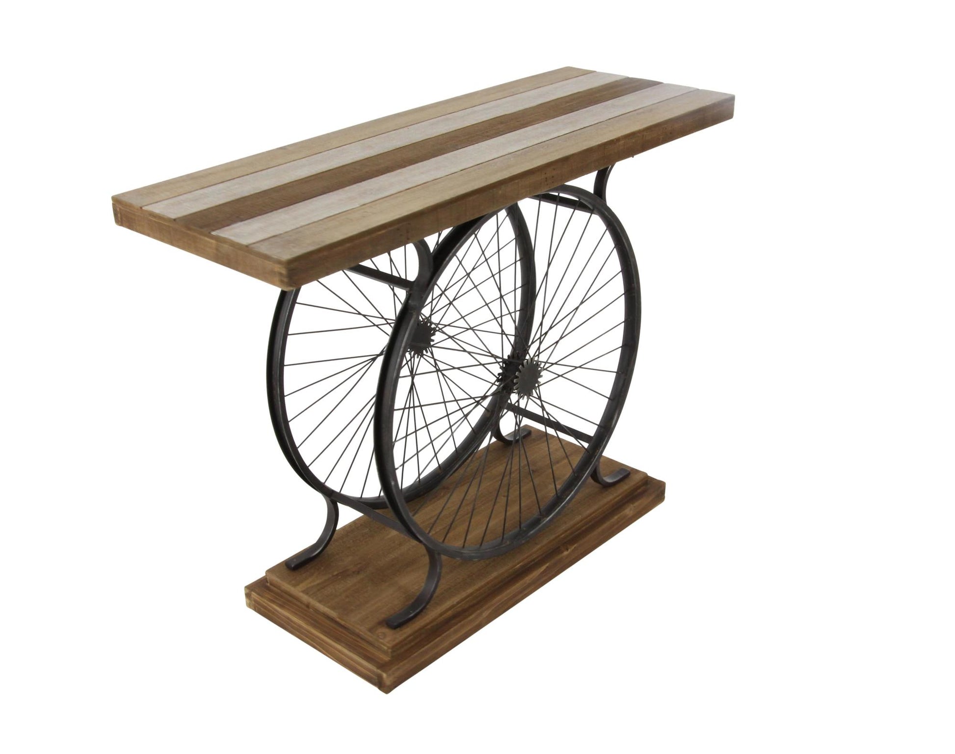 Bike Wood Wide Slatted Top Living Room Console Table with Dual Wheel Frame and Tiered Base