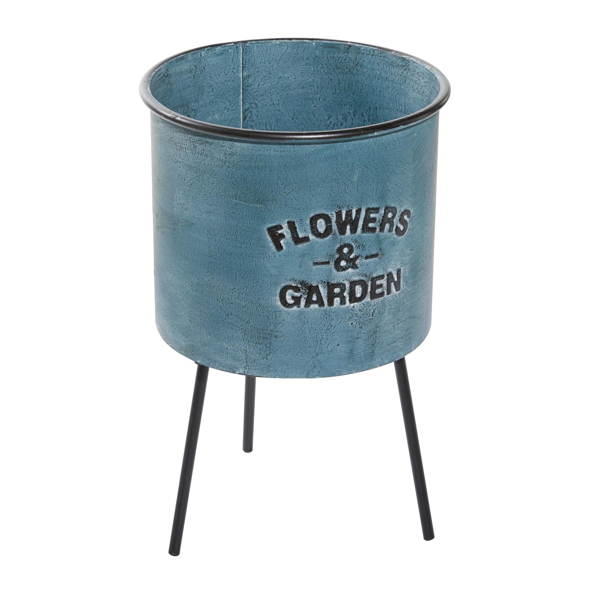 Set of 3 Text Blue Metal Indoor Outdoor Planter with Flowers And Garden Text and Black Tripod Legs