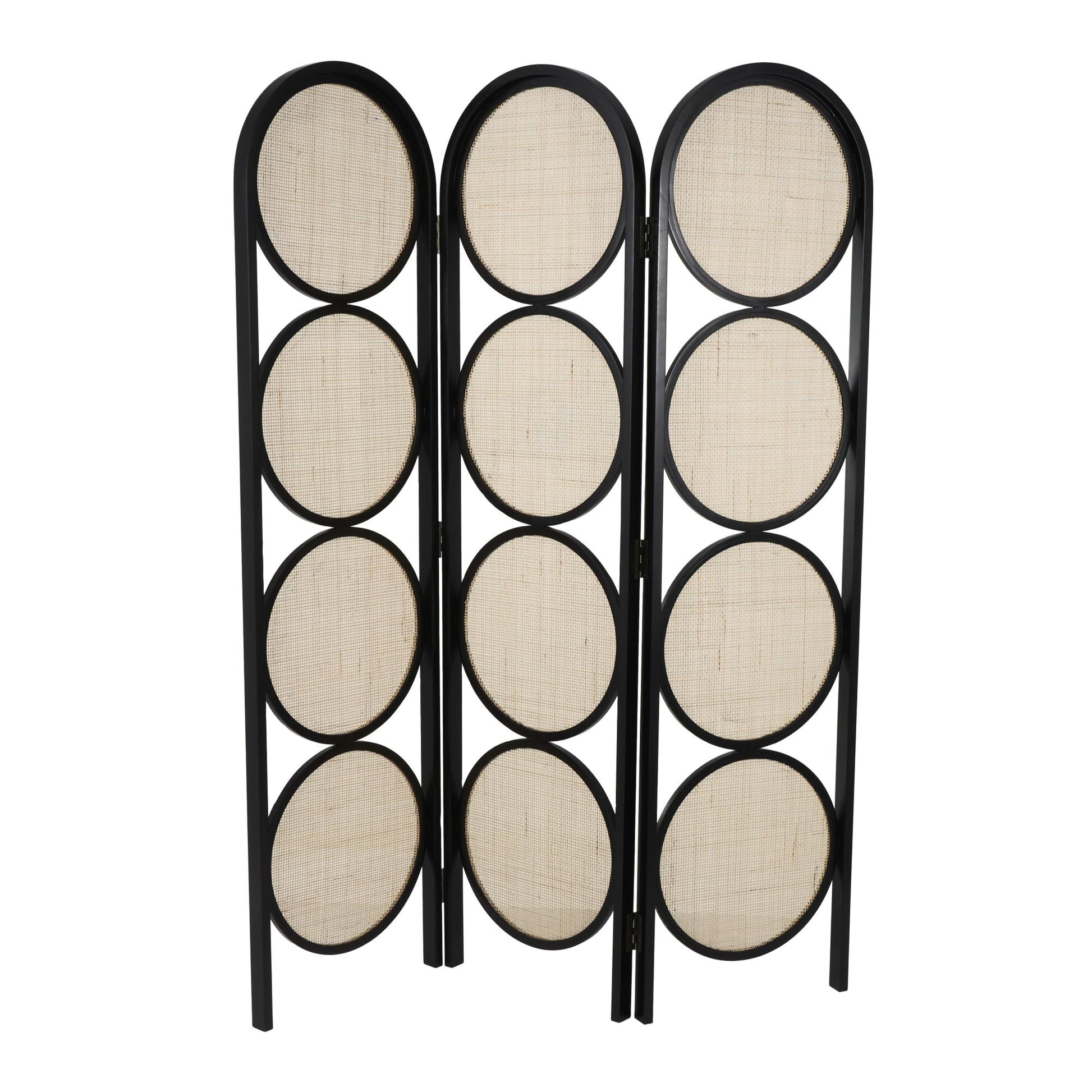 Geometric Black Wooden Handmade Arched Foldable 3 Panel Partition Room Divider Screen with Woven Cutouts