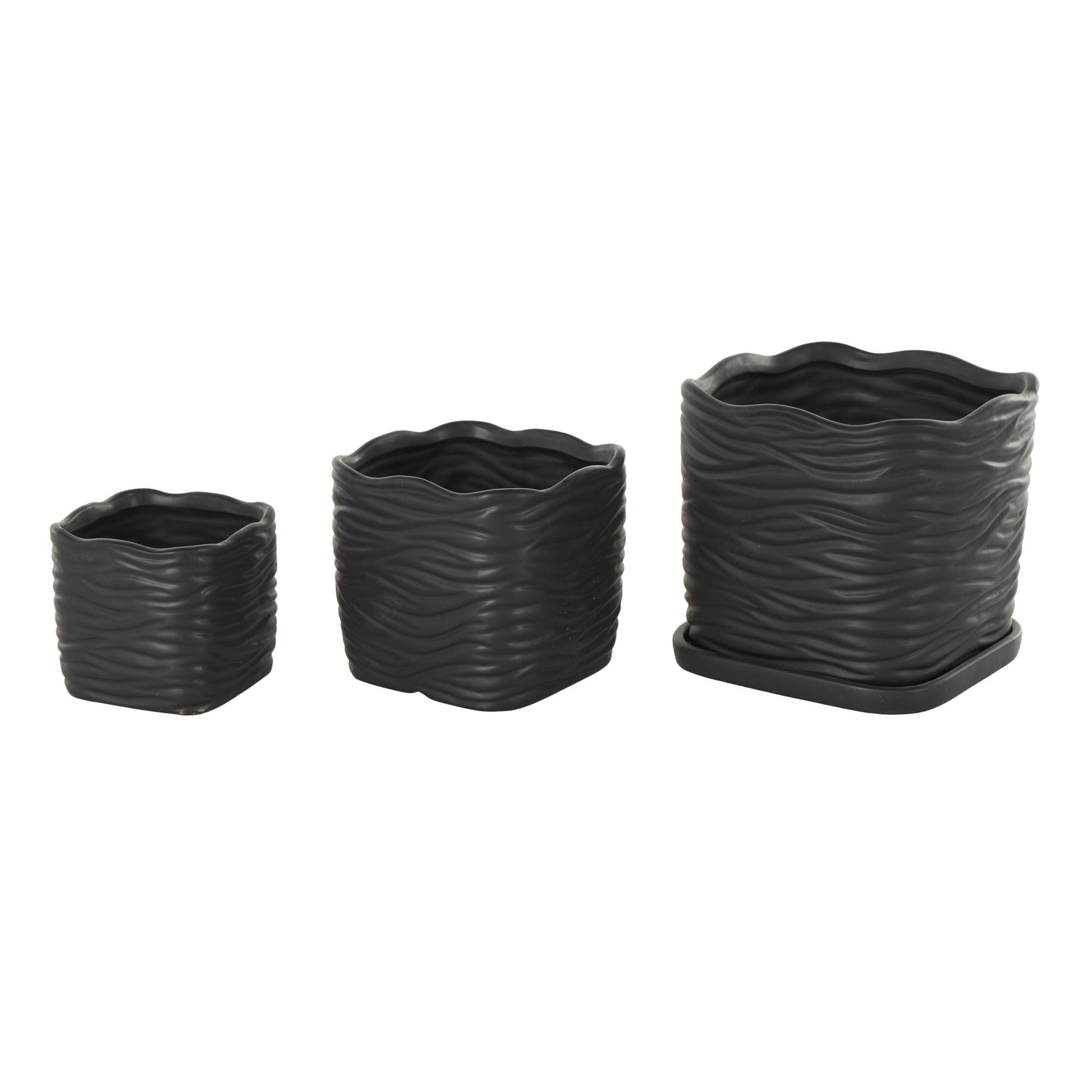 Set of 3 Ceramic Wavy Ribbed Indoor Outdoor Planter with Attached Saucer