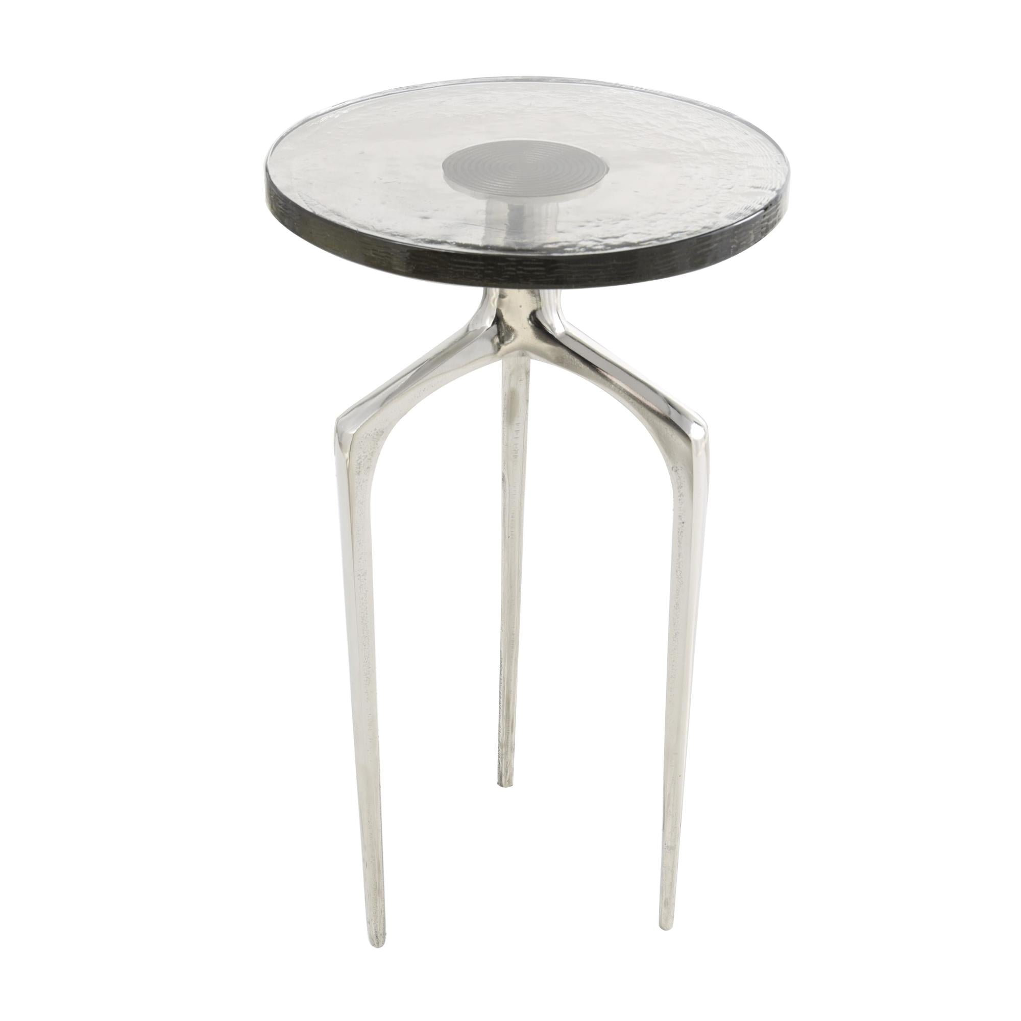 Aluminum Metal Small Tripod Side End Accent Table with Textured Glass Tabletop