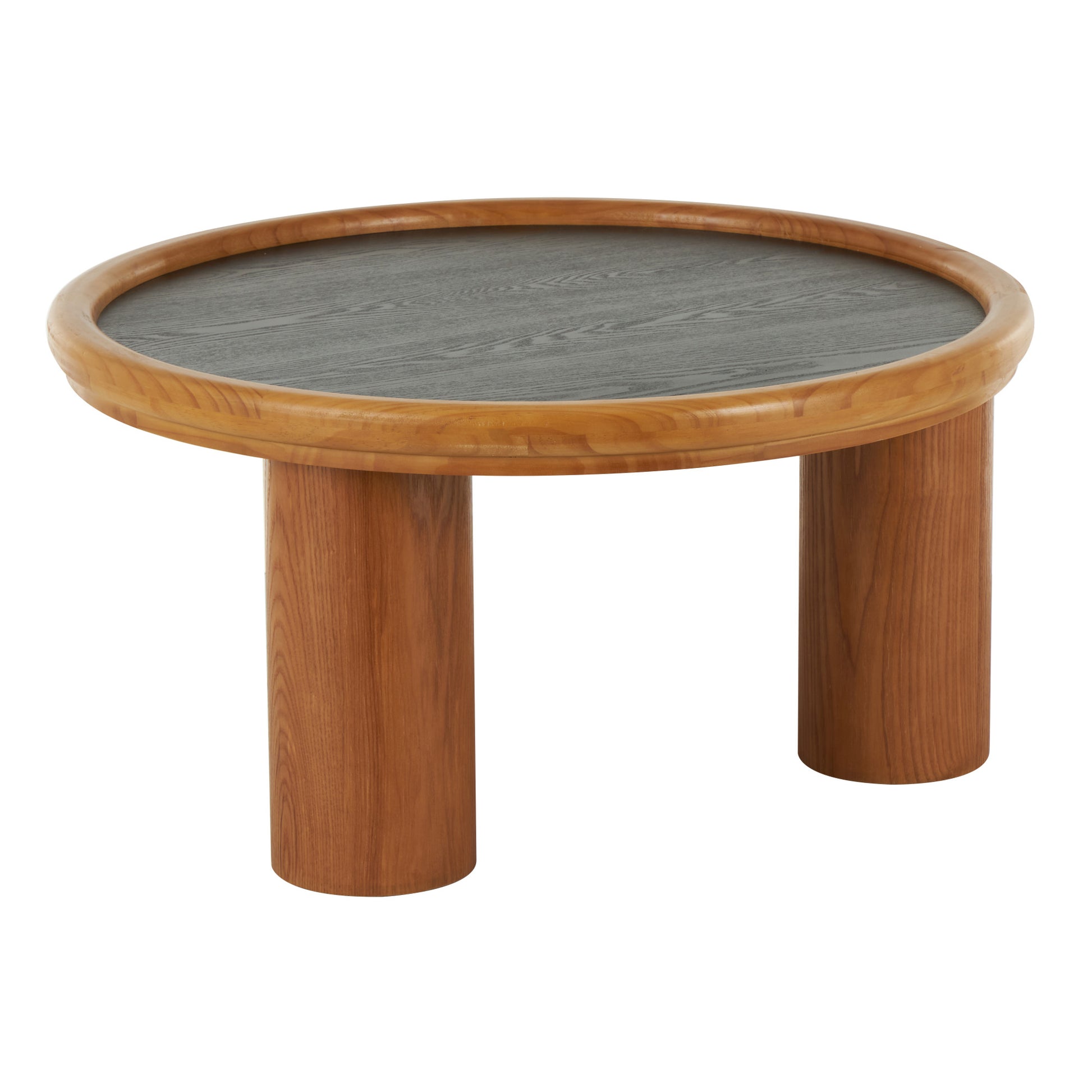 Brown Wood Handmade Round Living Room Coffee Table with Black Tabletop